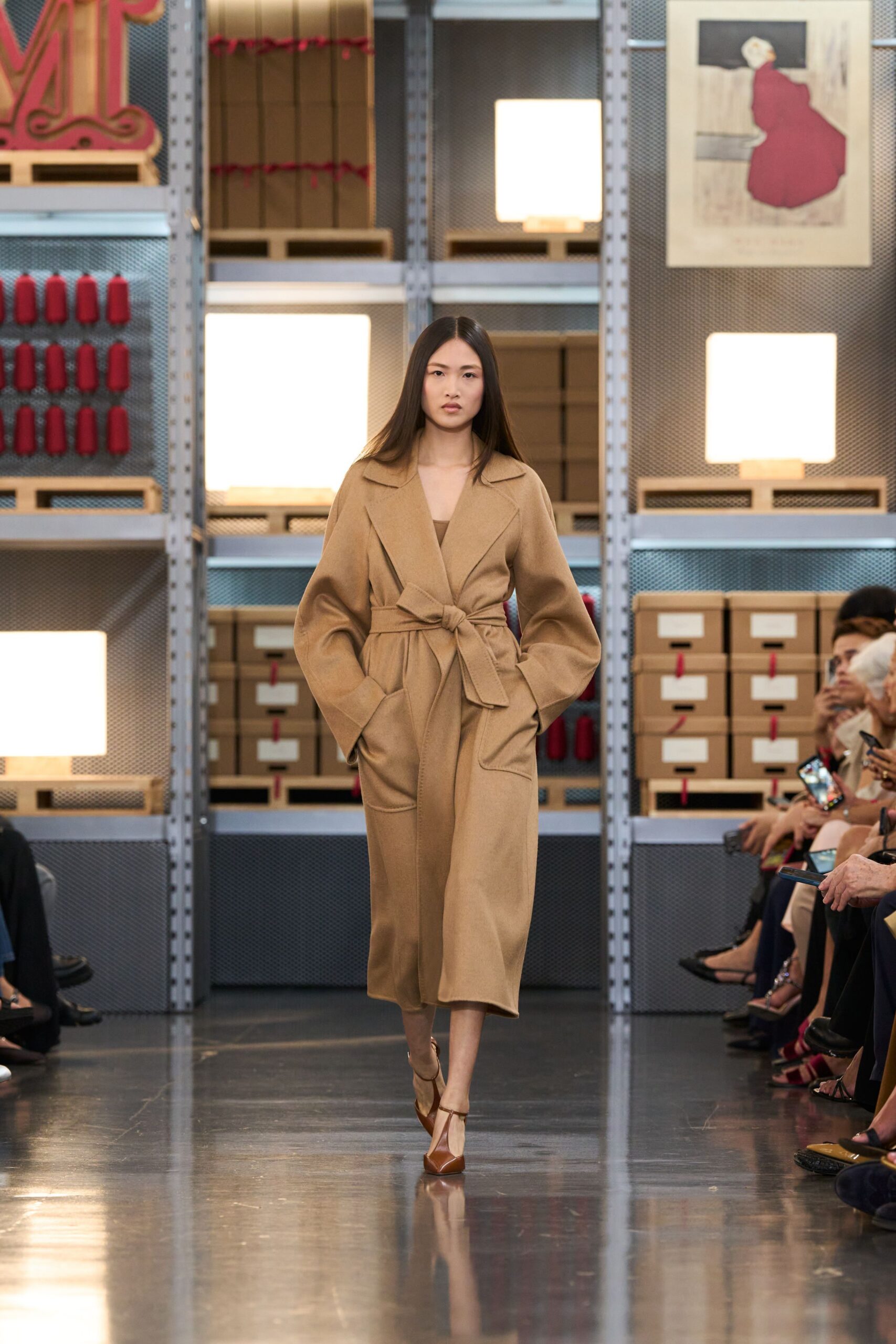 beige wool long-sleeve collared relaxed belted midi coat