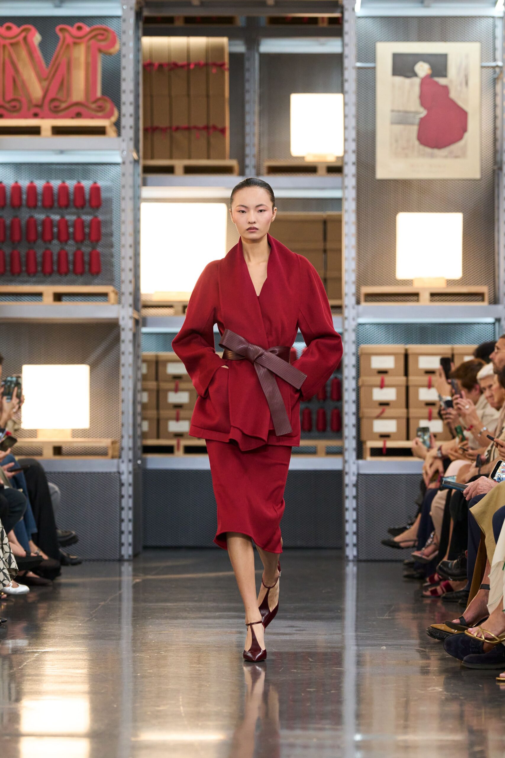 red silk long-sleeve v-neck fitted belted midi dress