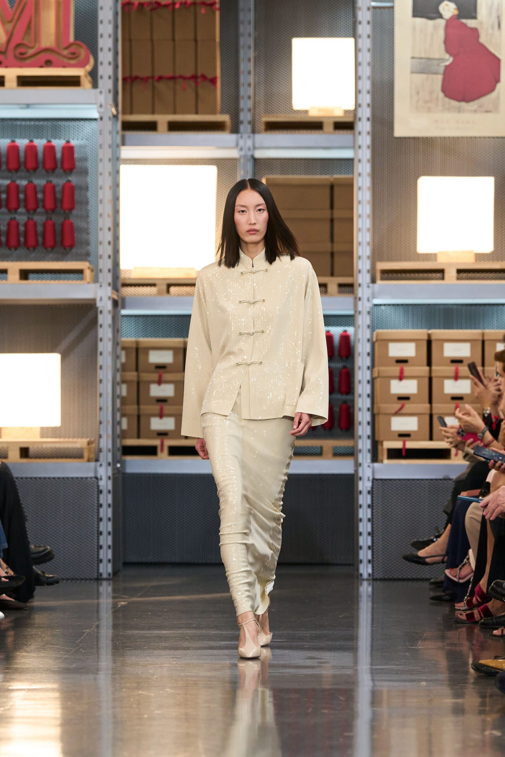 ivory silk long-sleeve collared relaxed buttoned shiny shirt