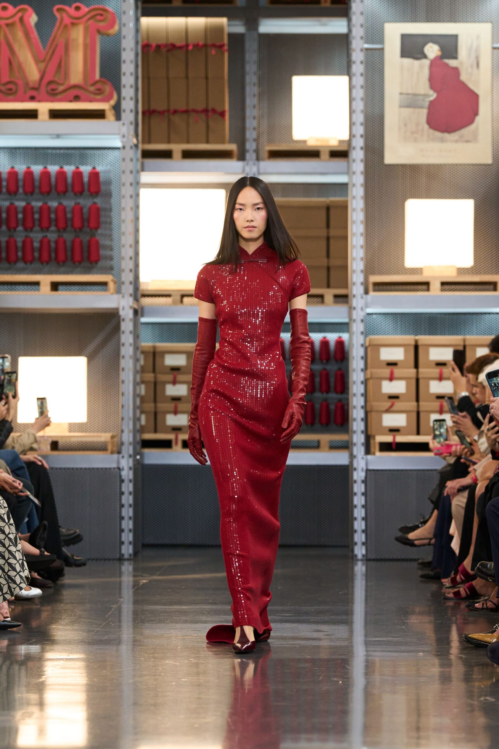red sequin short-sleeve high-neck fitted embellished shiny gown