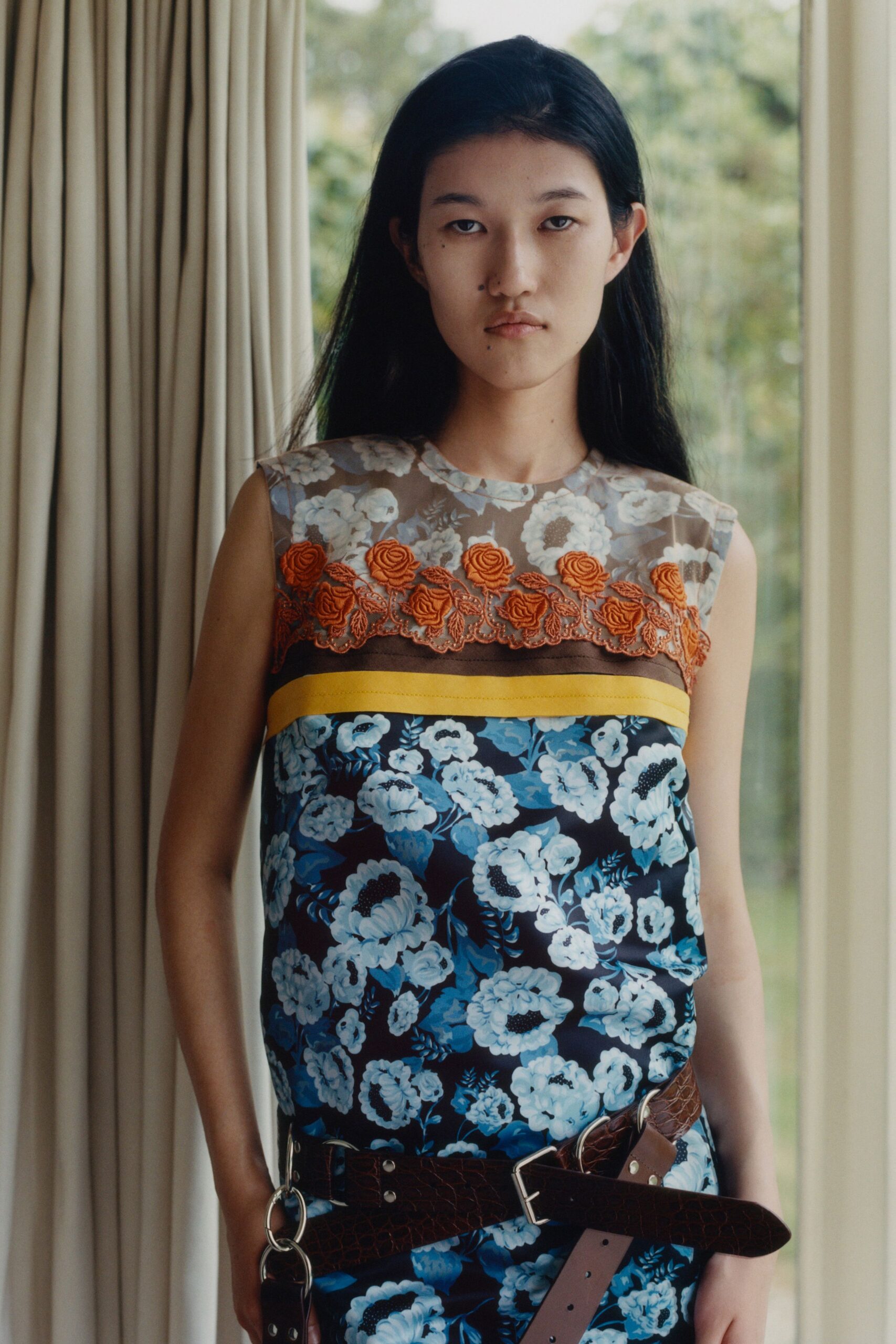 floral embroidered sleeveless top with belt