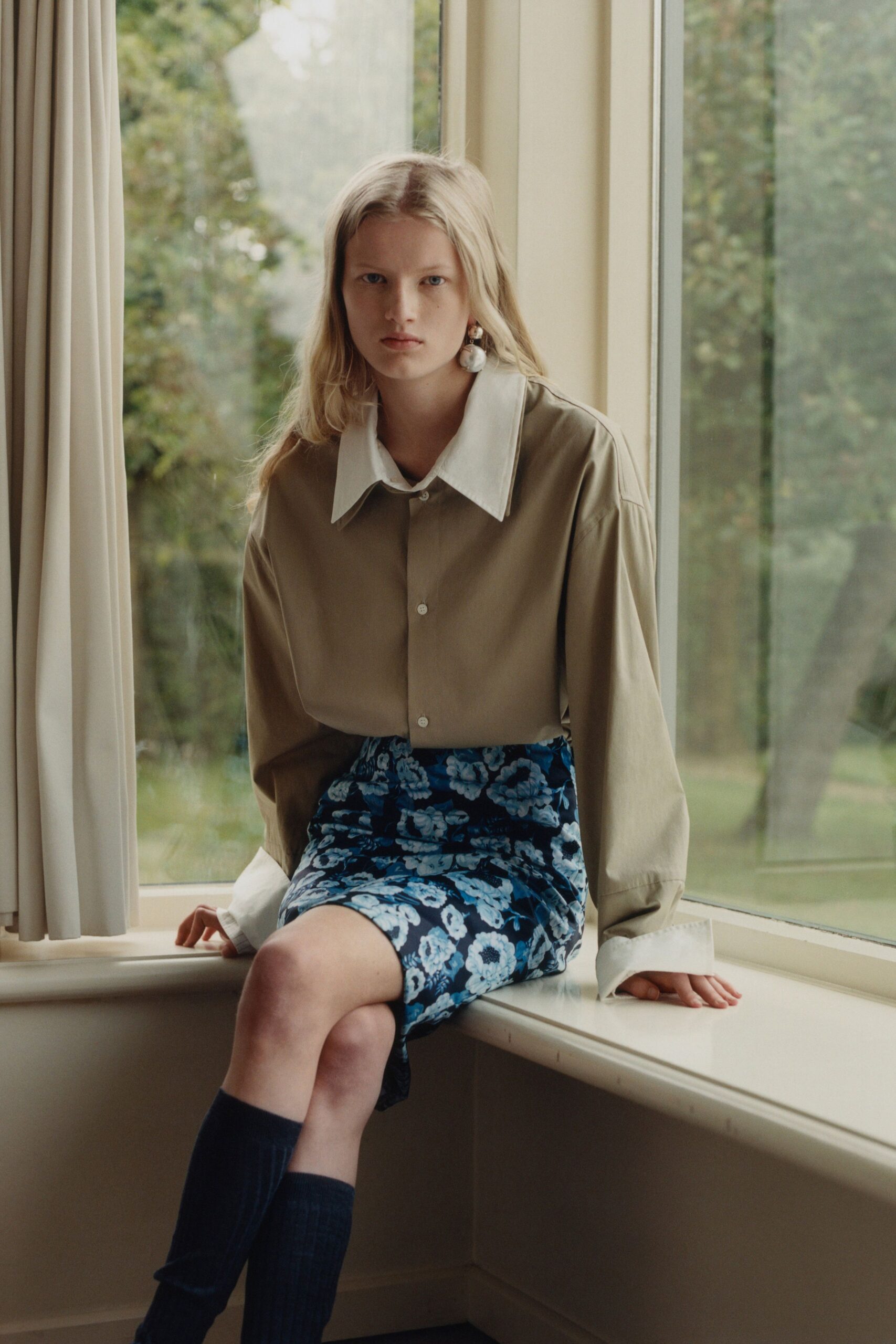 blue cotton fitted flared mini skirt