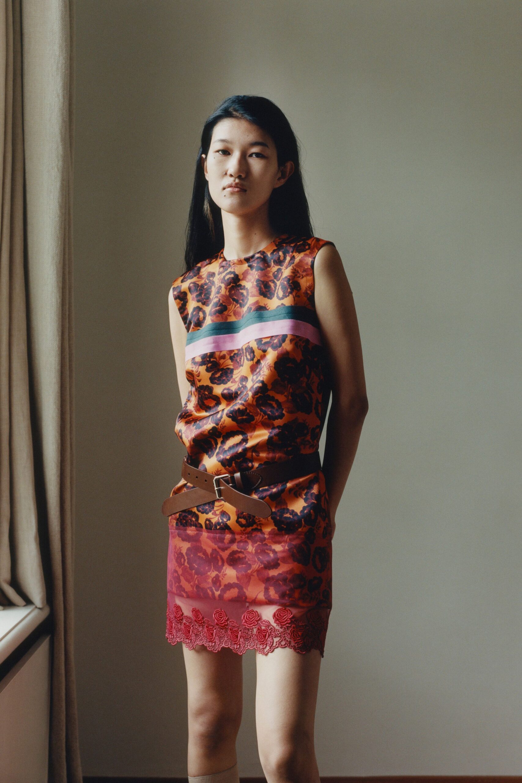 multi silk sleeveless high-neck fitted floral layered dress