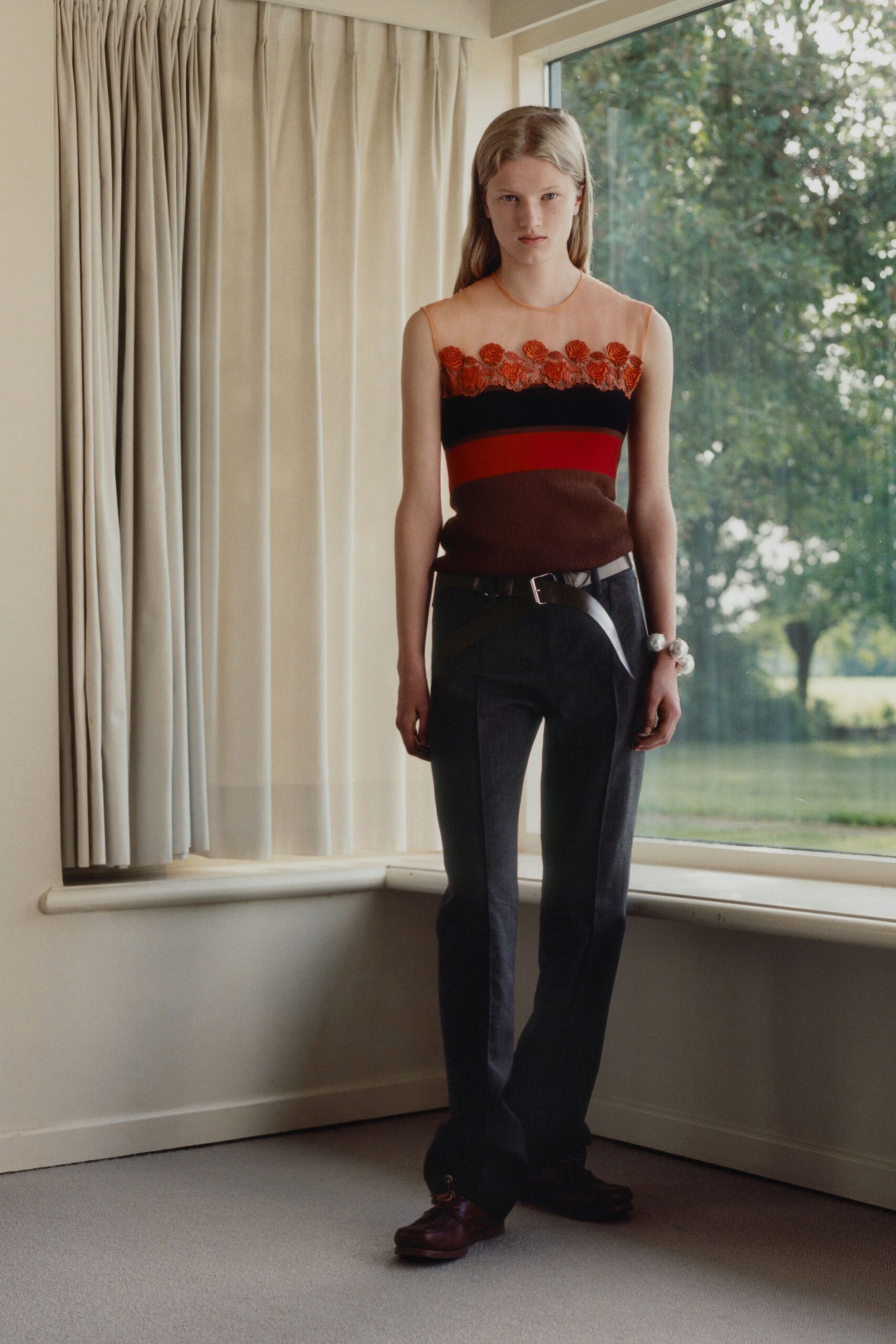 fitted brown embroidered top with pants