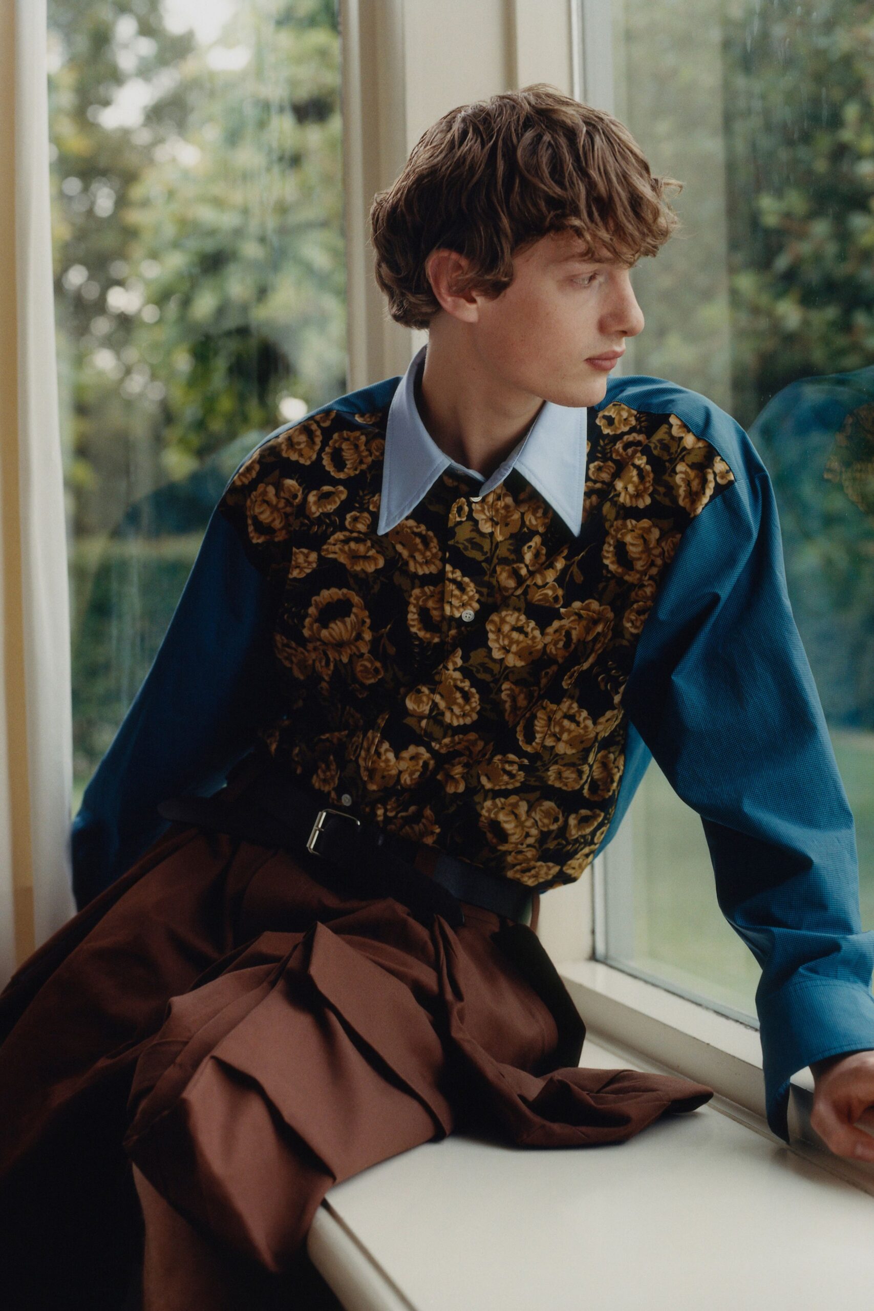 brown cotton fitted pleated skirt