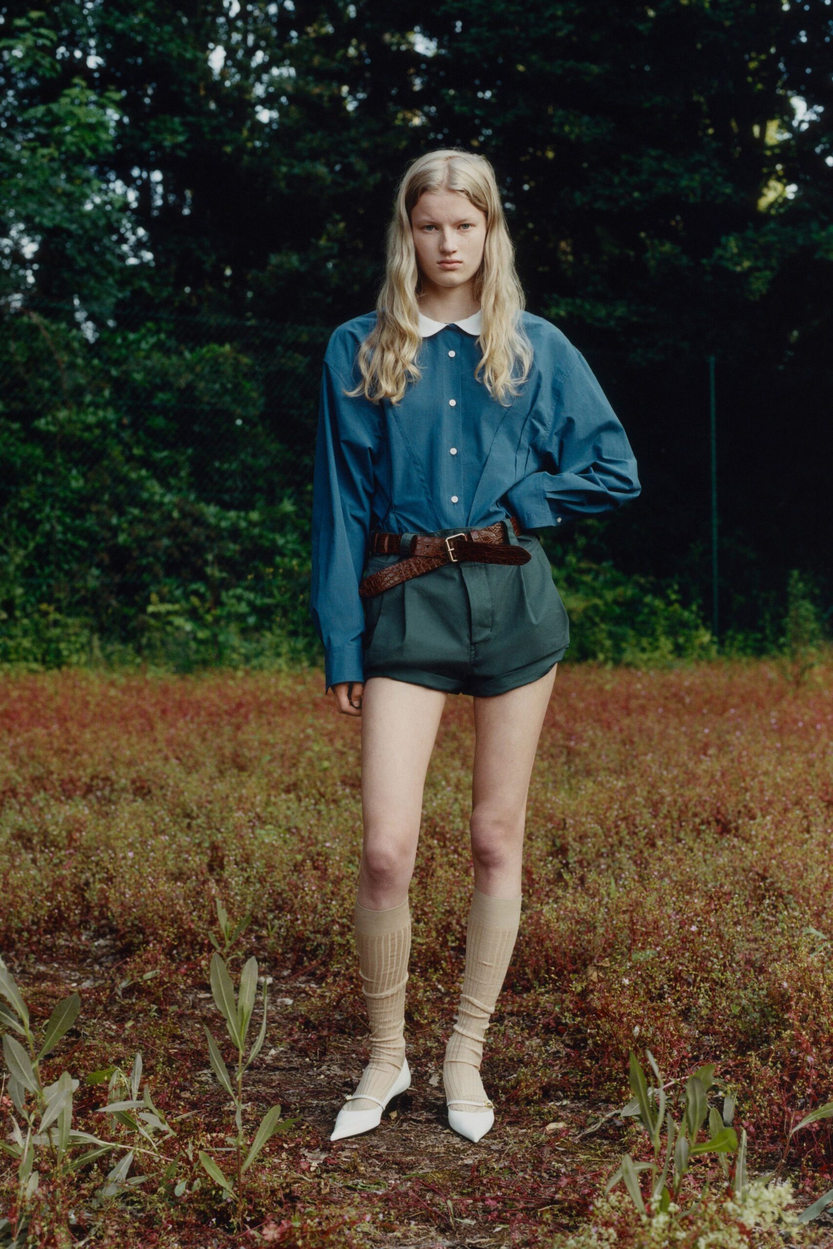 blue cotton shirt green shorts