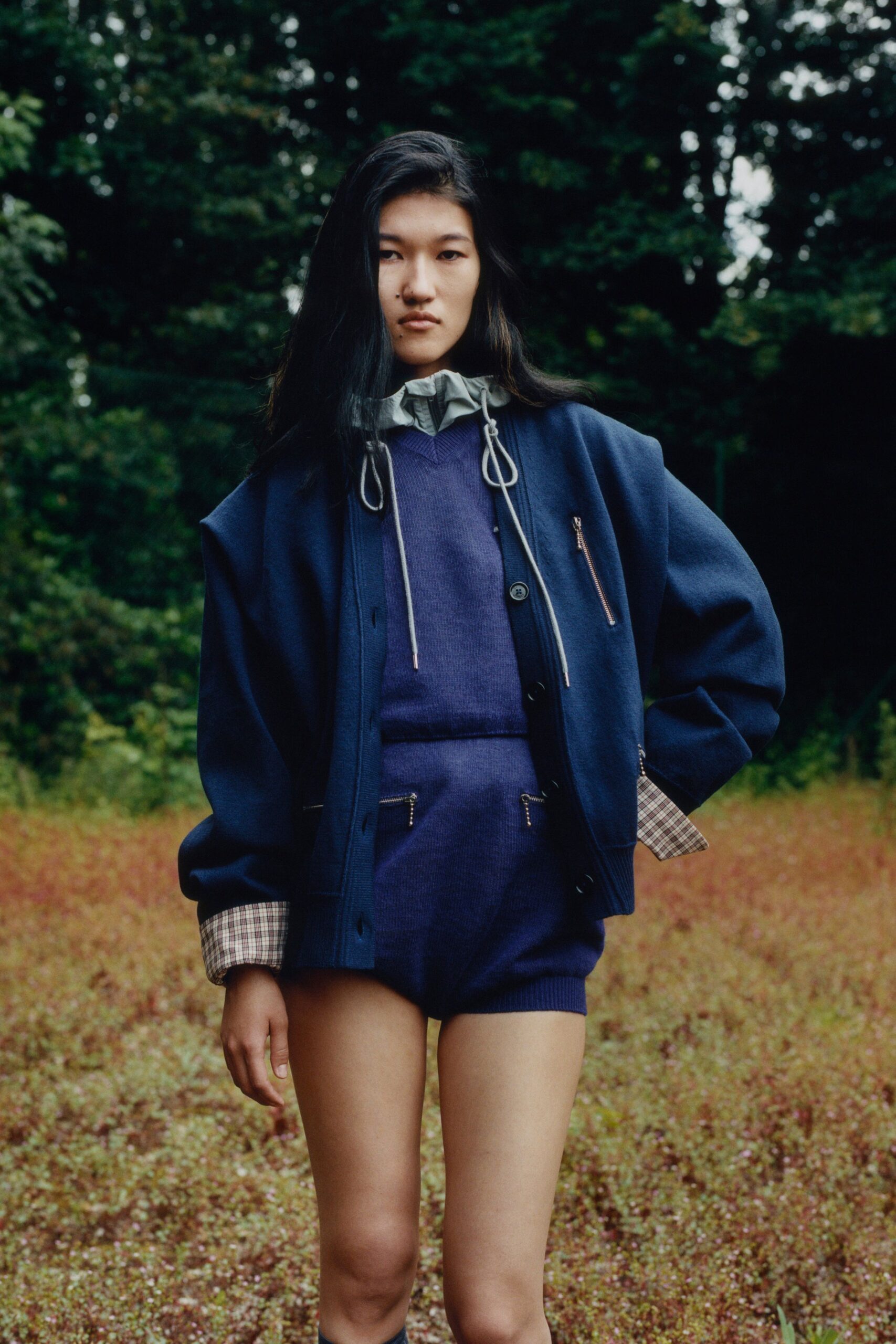 navy cardigan purple top and shorts