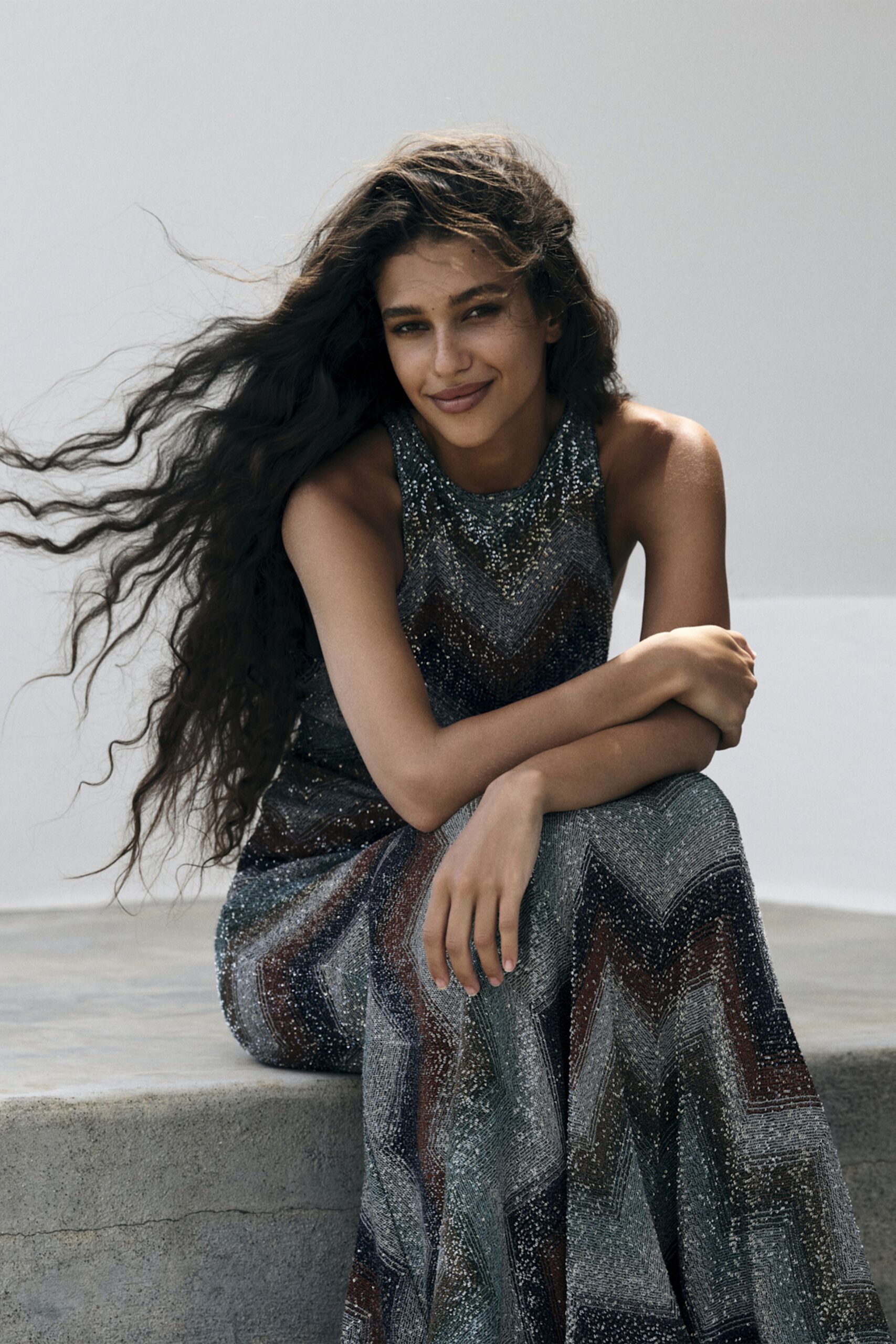 multi-colored sequined sleeveless gown
