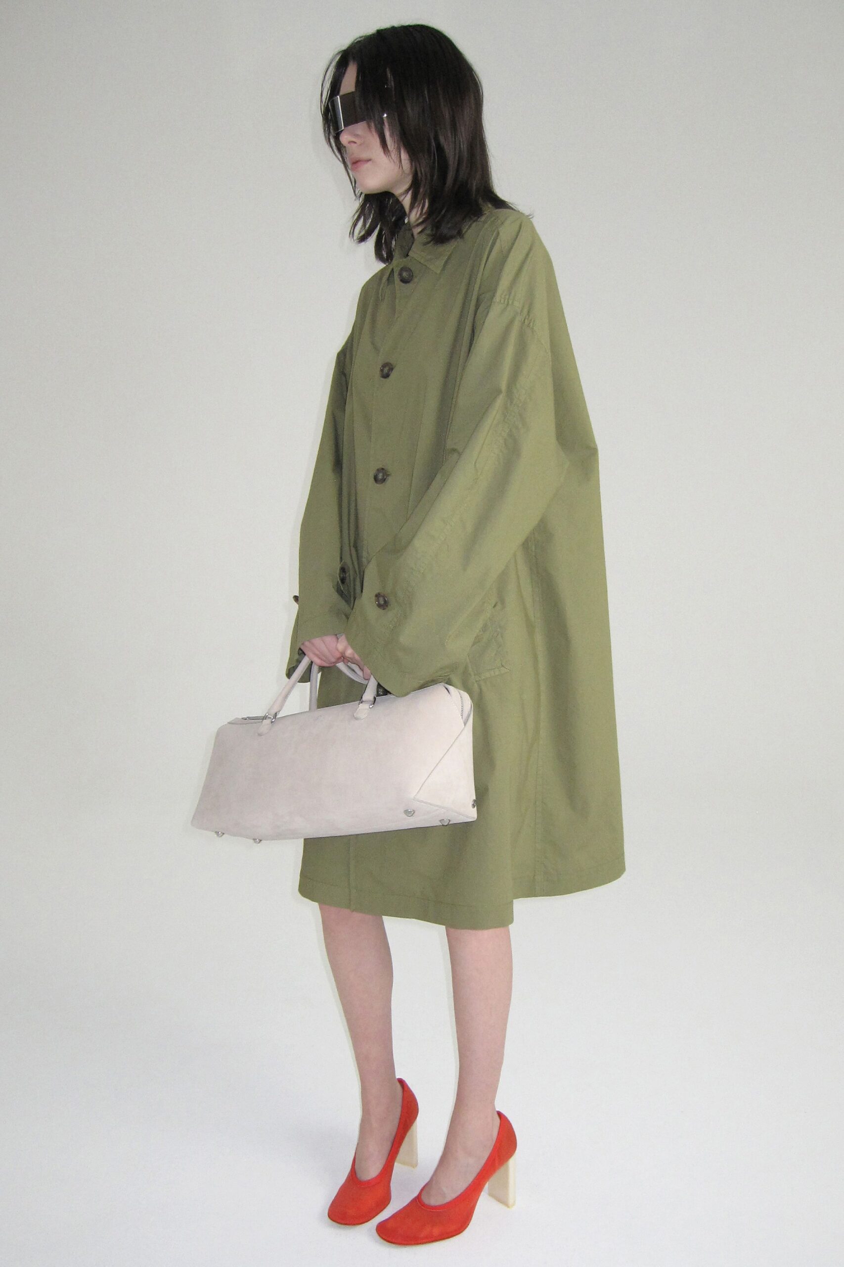 green cotton long-sleeve collared oversized midi coat