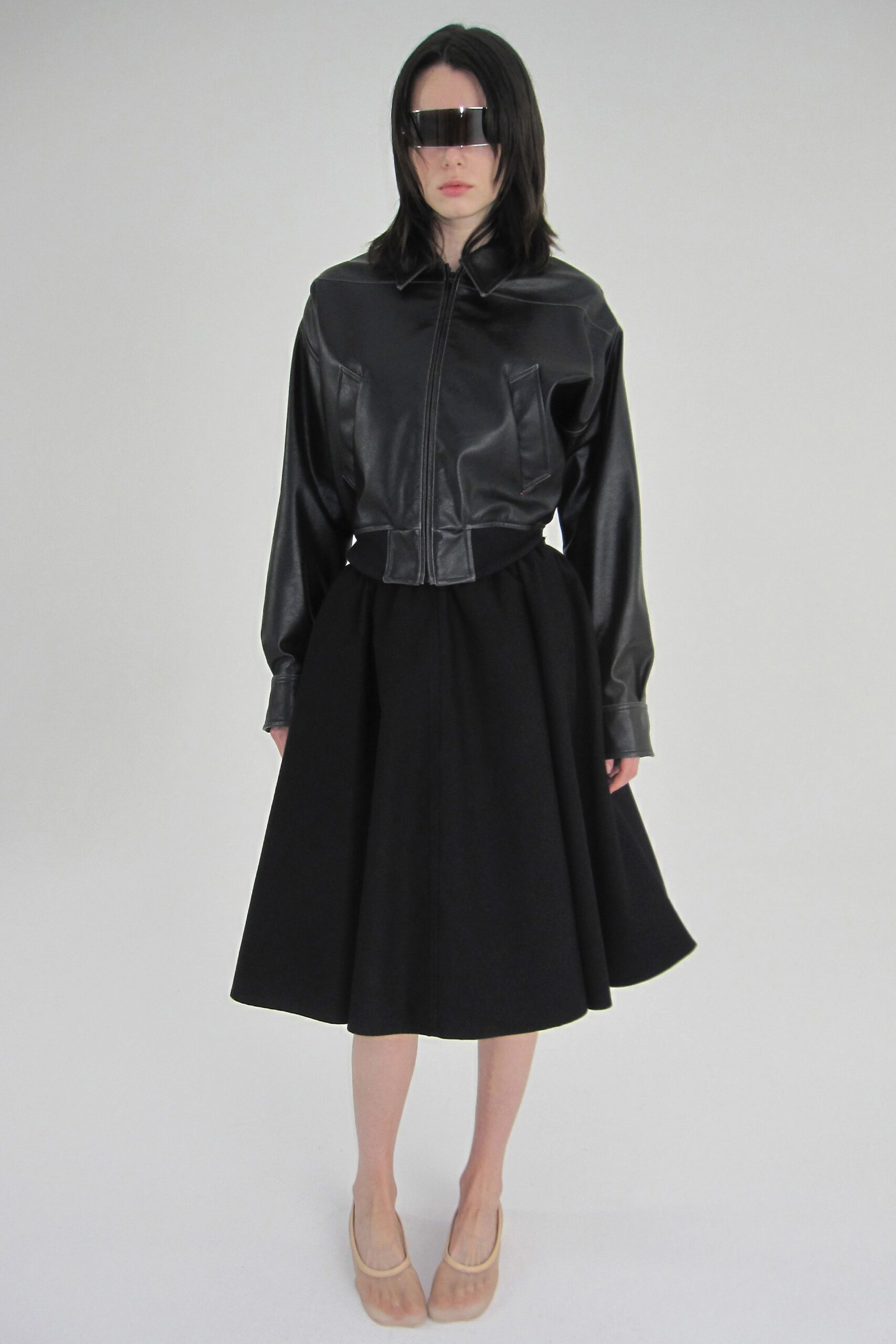 black leather long-sleeve collared fitted jacket