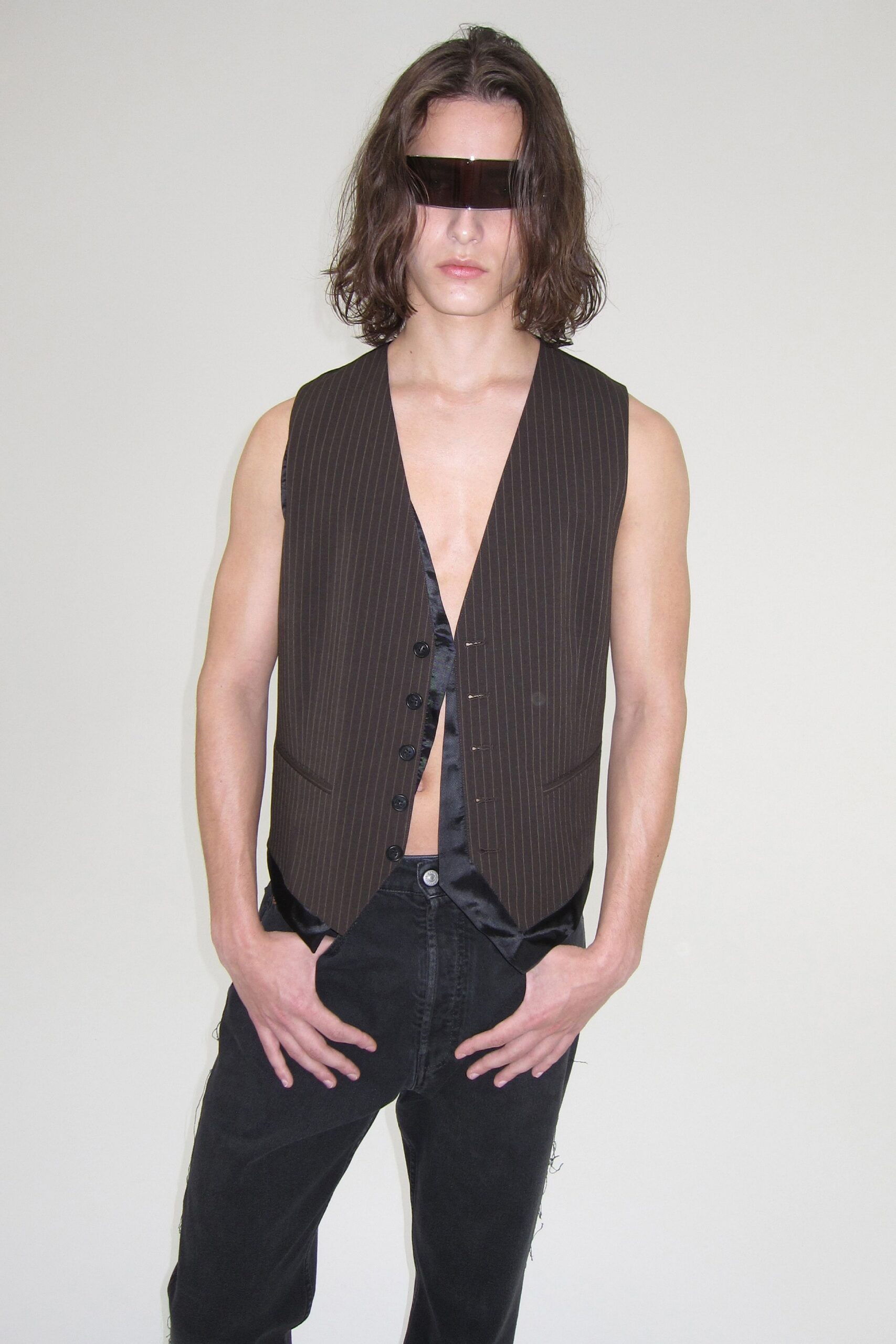 brown cotton sleeveless v-neck fitted striped buttoned vest