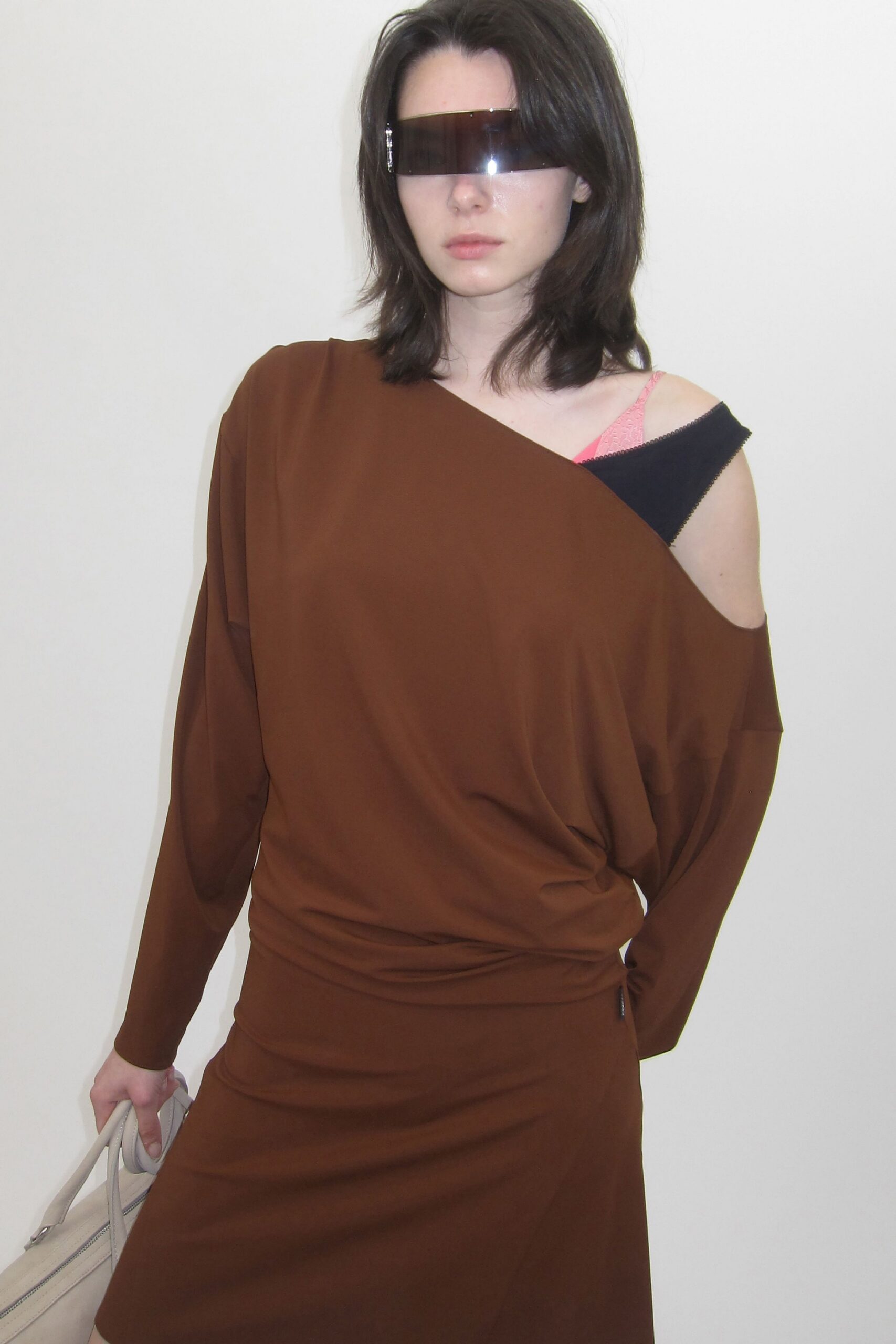 brown cotton long-sleeve off-shoulder relaxed draped mini dress