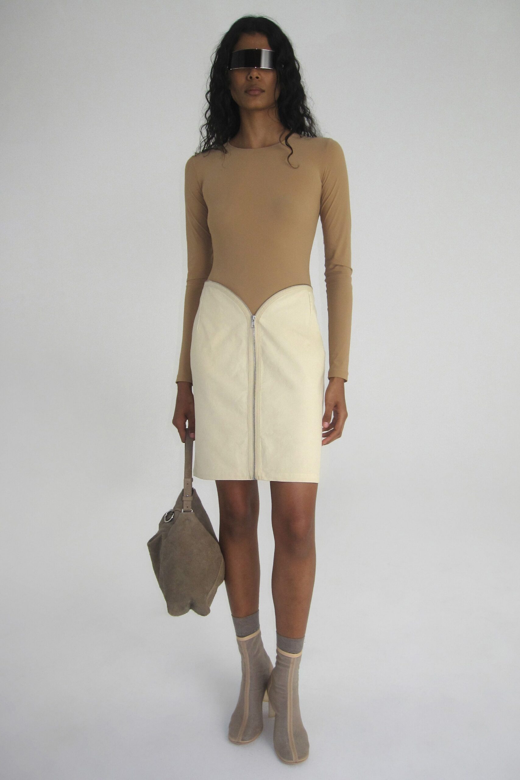 white cotton fitted zippered straight-leg mini skirt