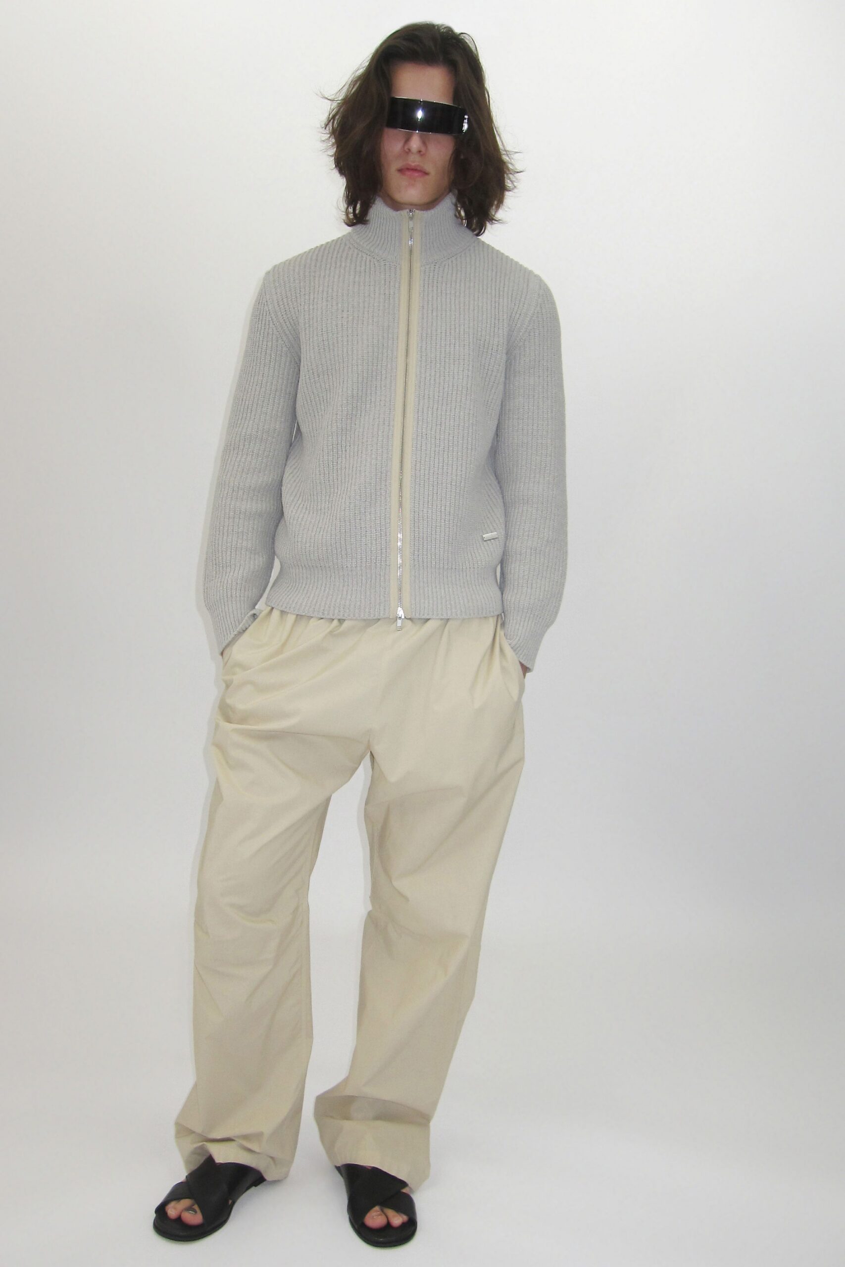 gray cotton long-sleeve relaxed zippered ribbed jacket
