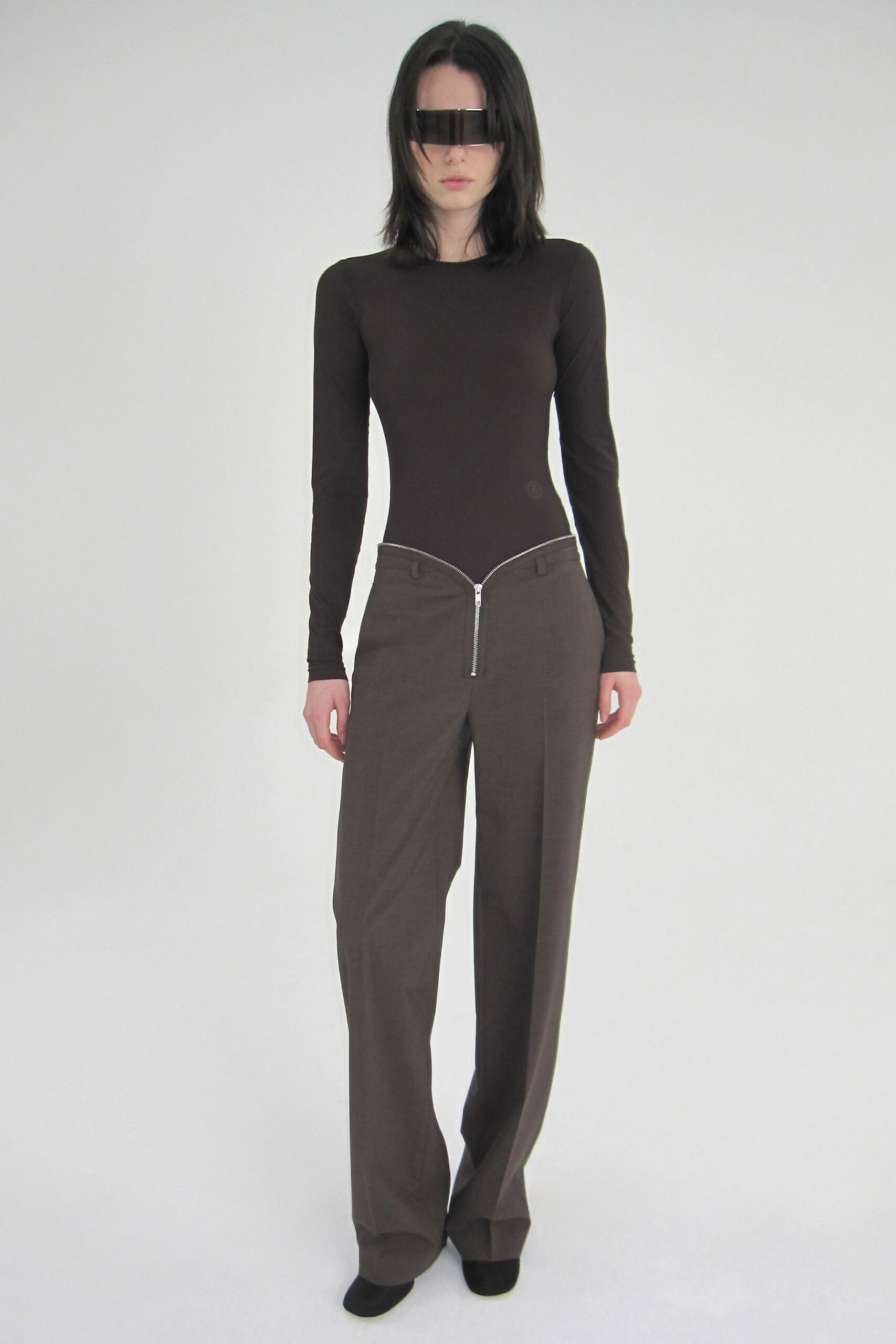 brown cotton long-sleeve high-neck fitted zippered bodysuit