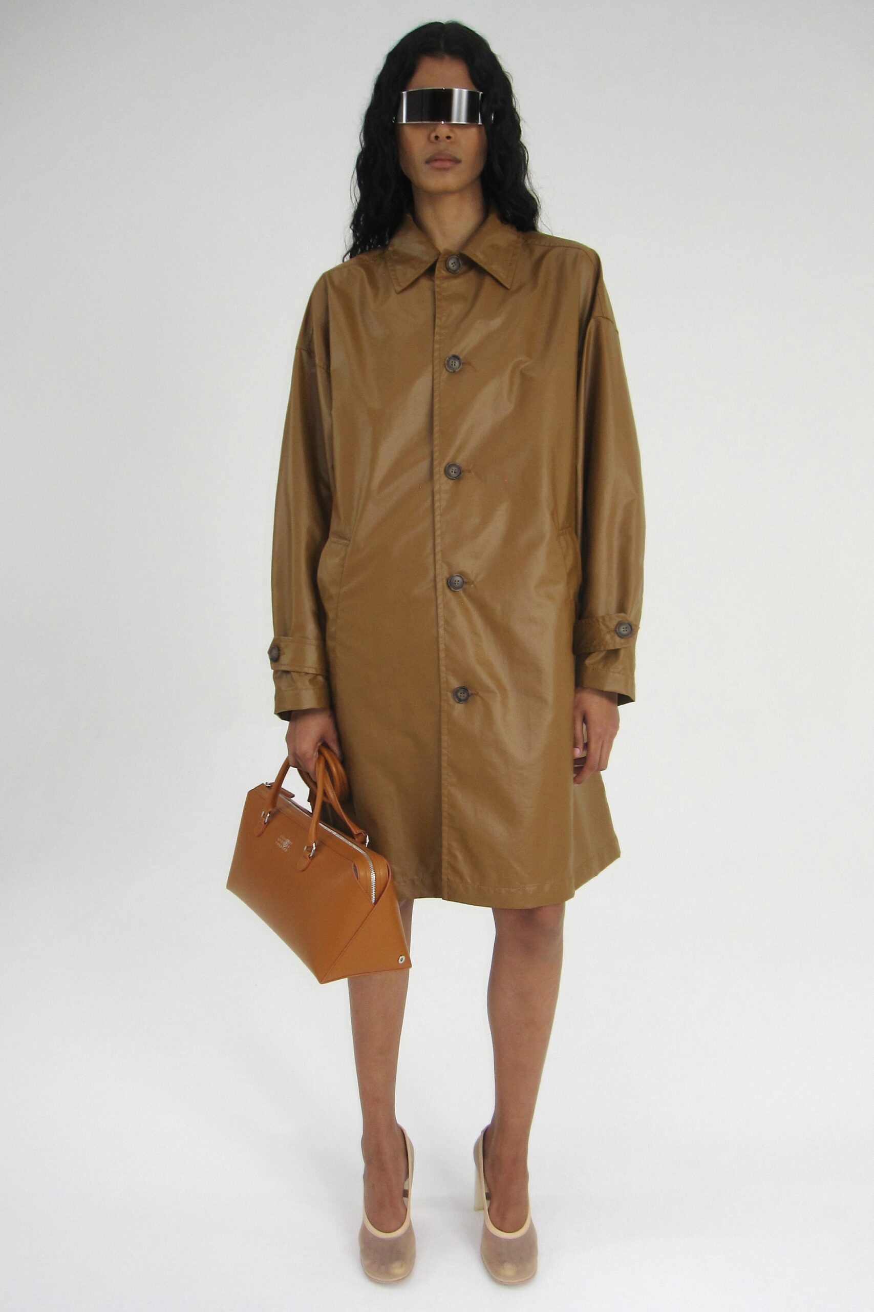 brown leather long-sleeve collared relaxed buttoned short coat
