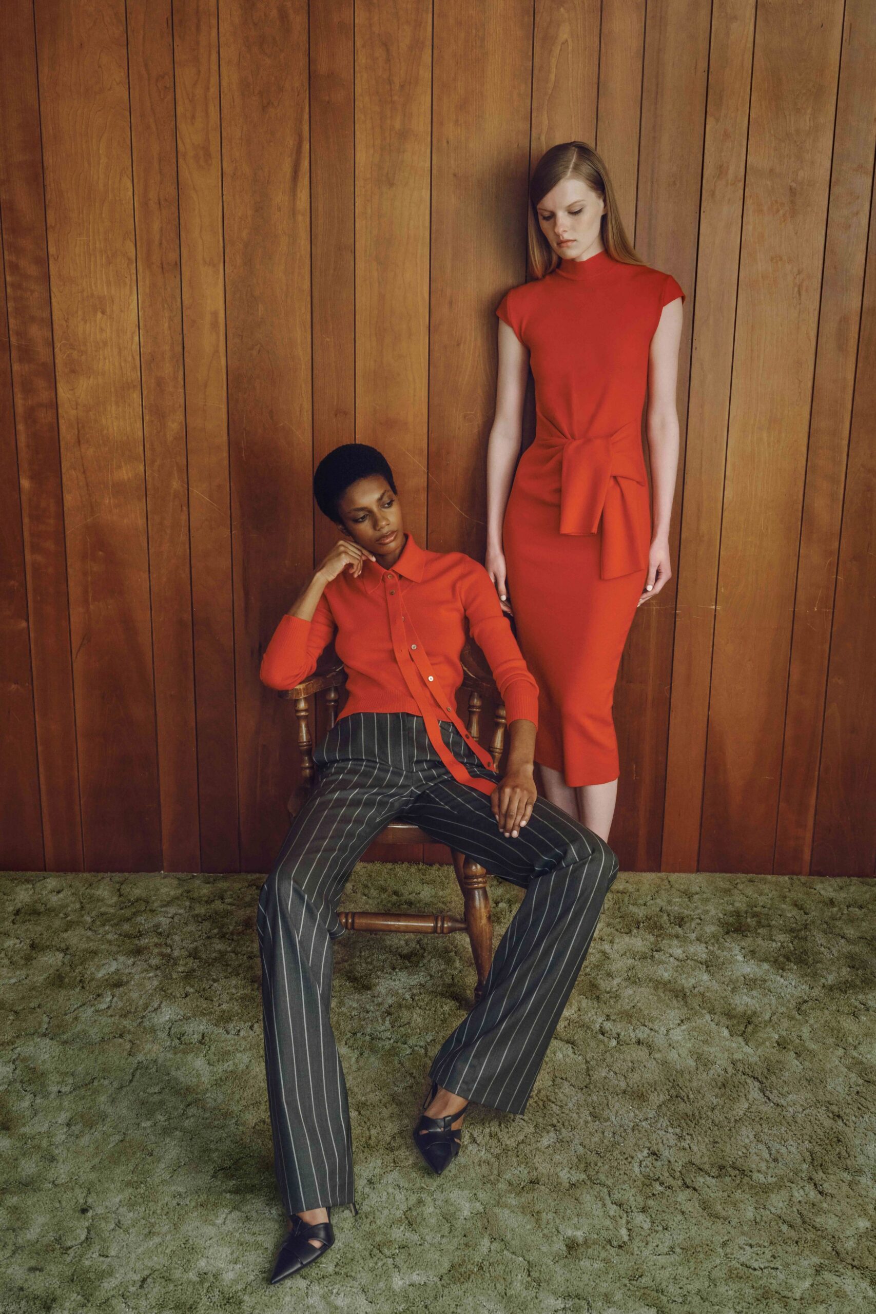red short-sleeve high-neck fitted belted dress