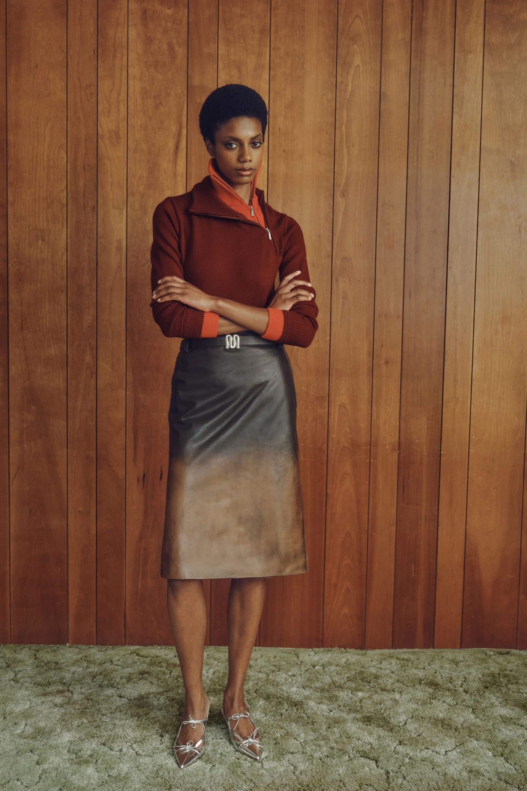 black leather fitted pencil midi skirt