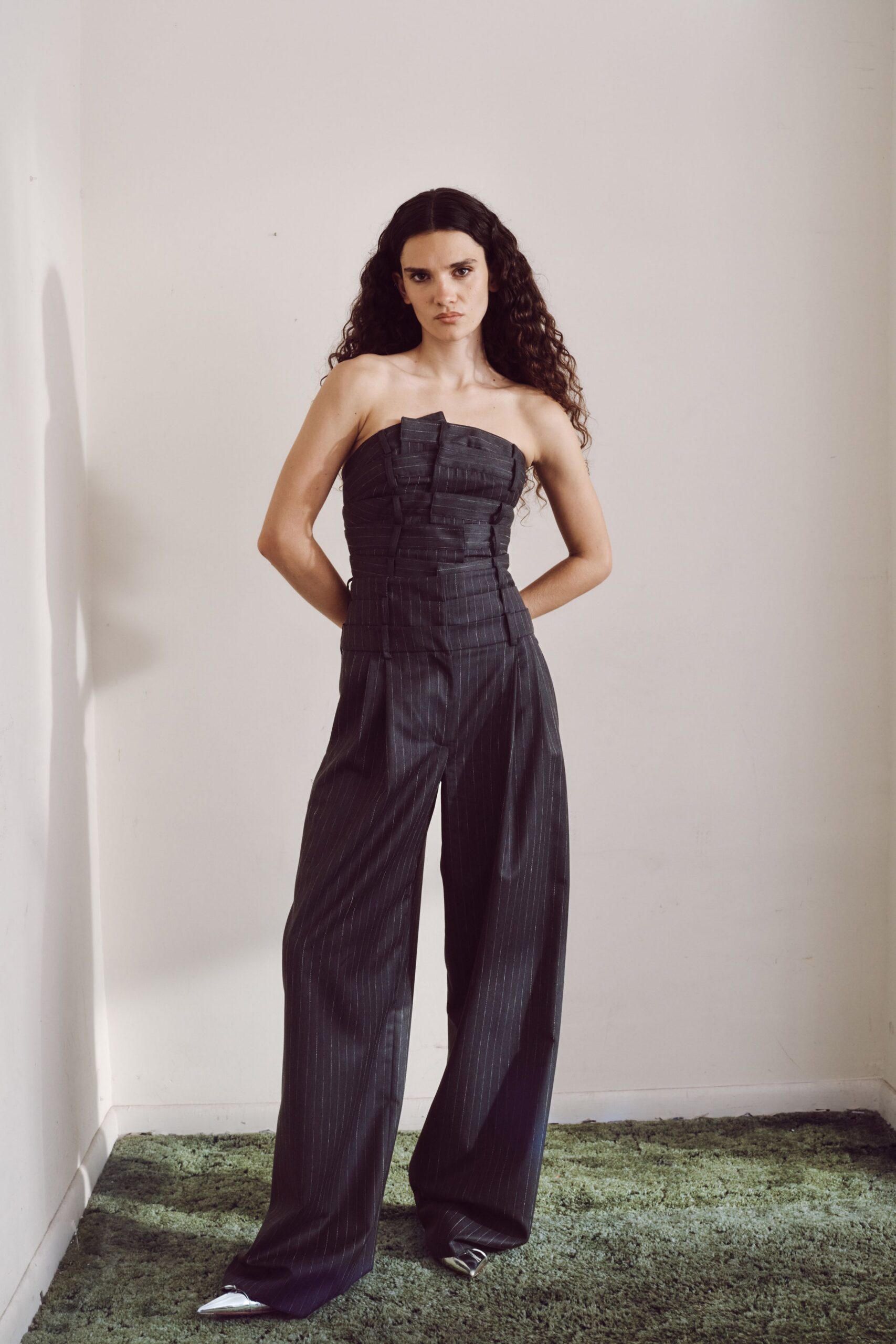 black cotton strapless fitted pleated jumpsuit