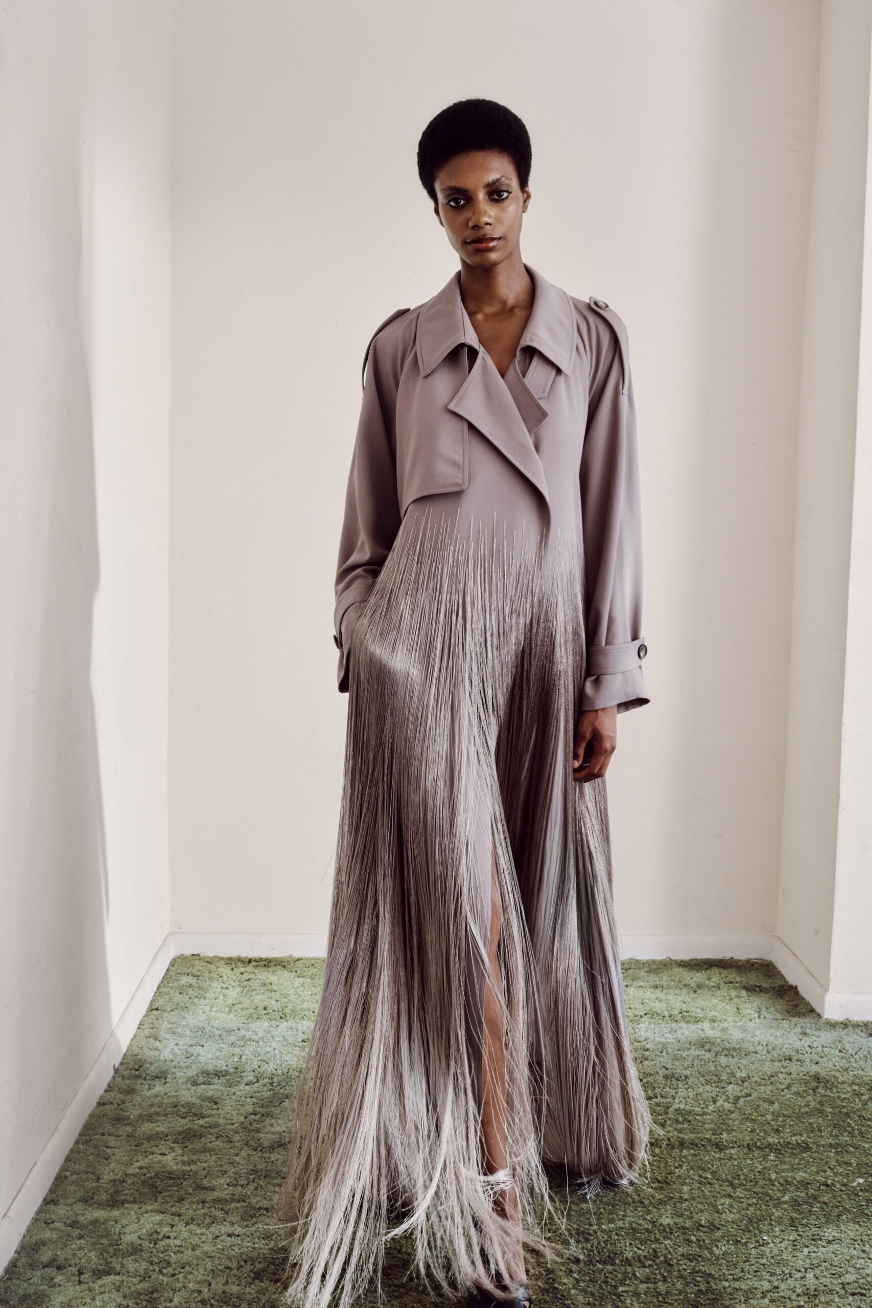 gray silk long-sleeve collared fitted fringed flowing gown
