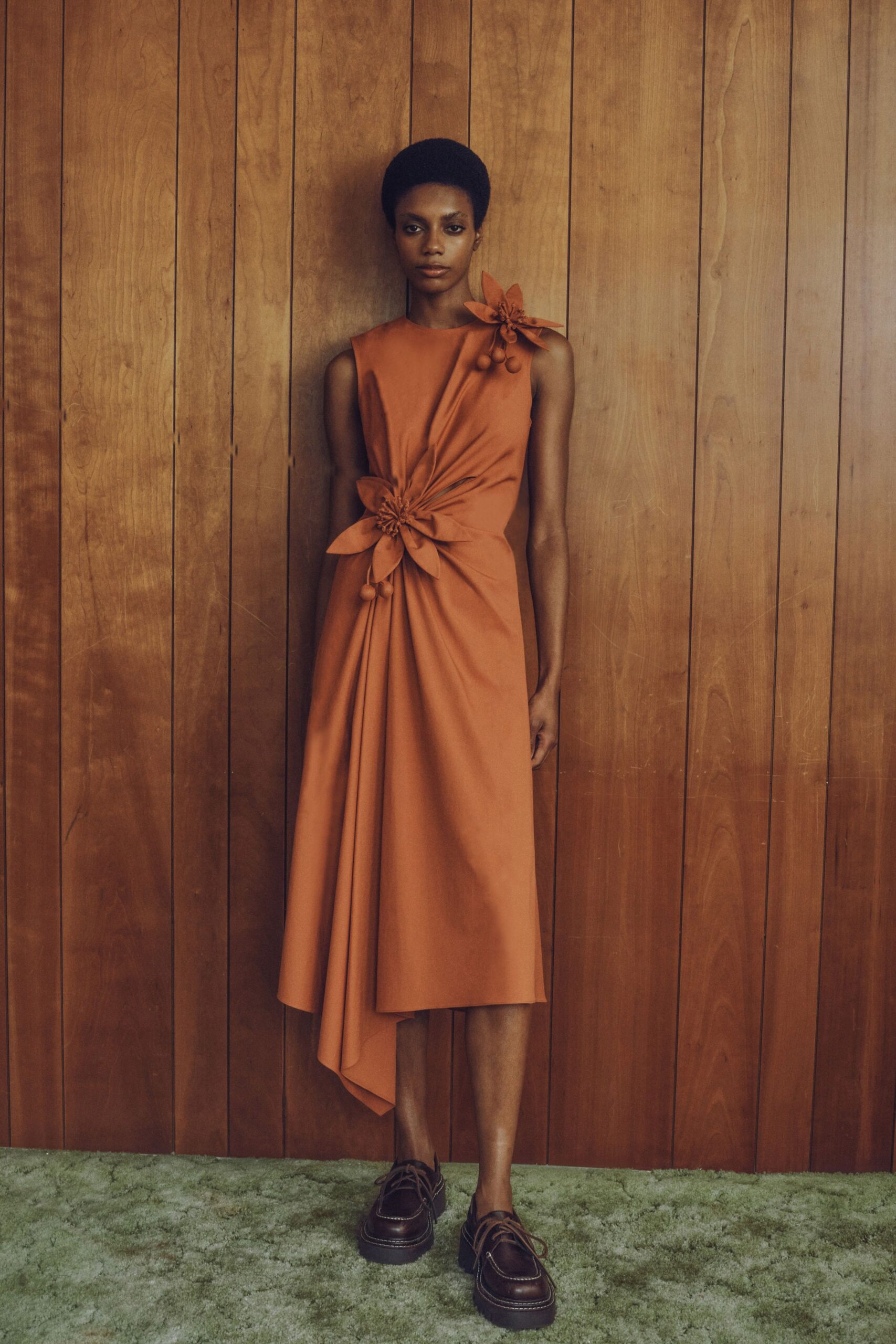 orange cotton sleeveless high-neck fitted draped tiered dress