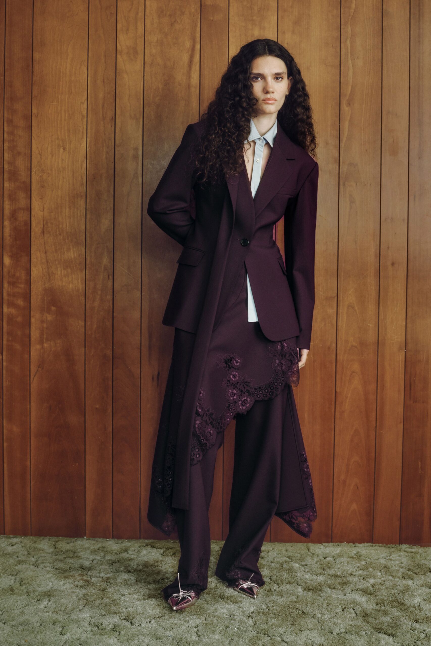 purple wool tailored flared pants