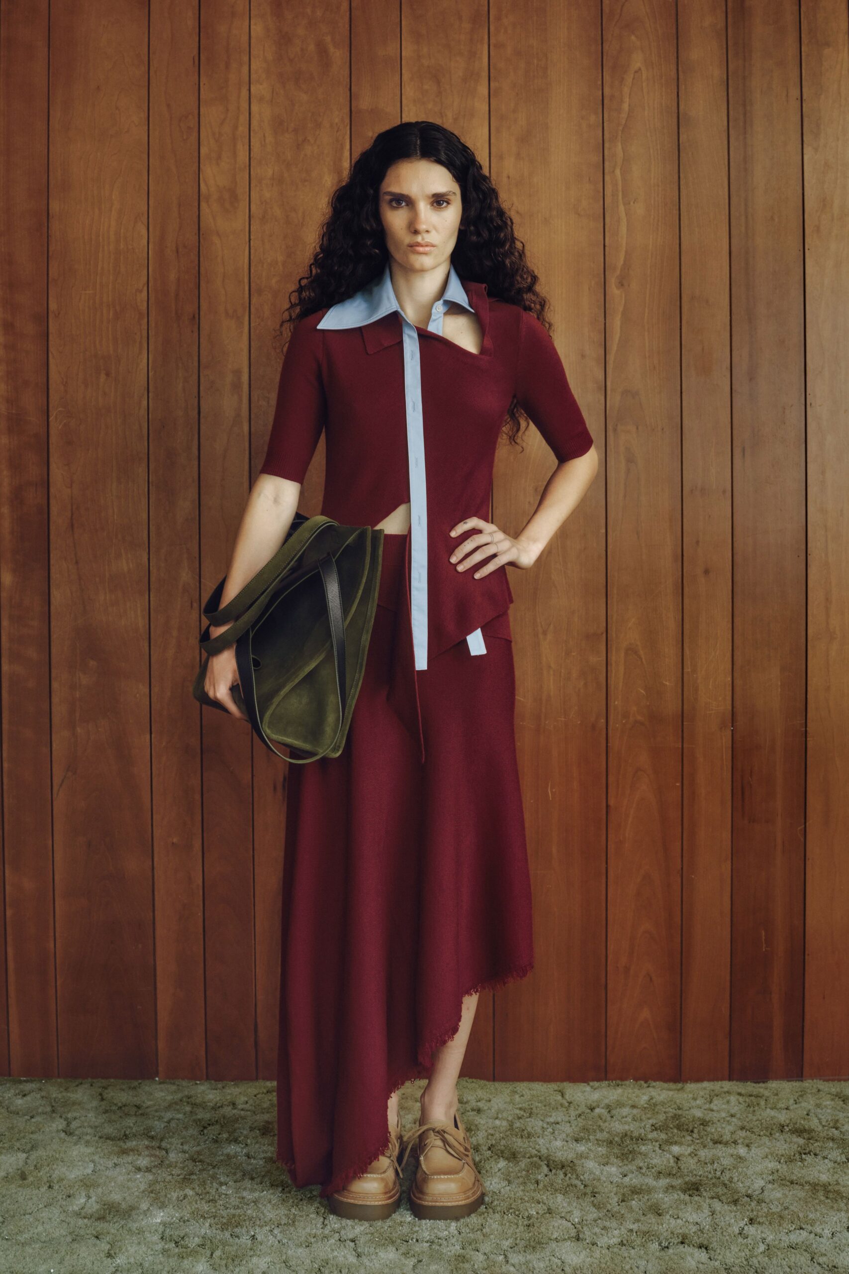 red wool asymmetric fitted tiered midi skirt