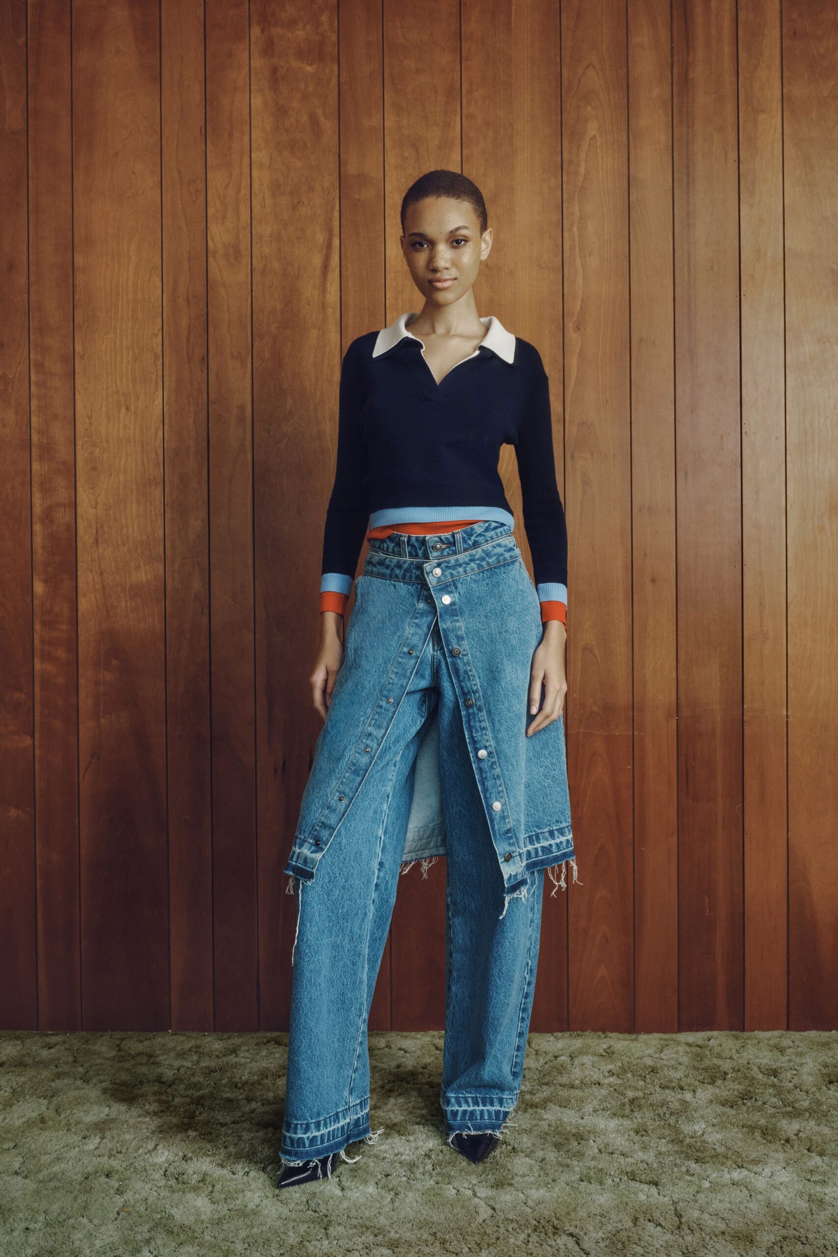 blue denim relaxed buttoned flared pants
