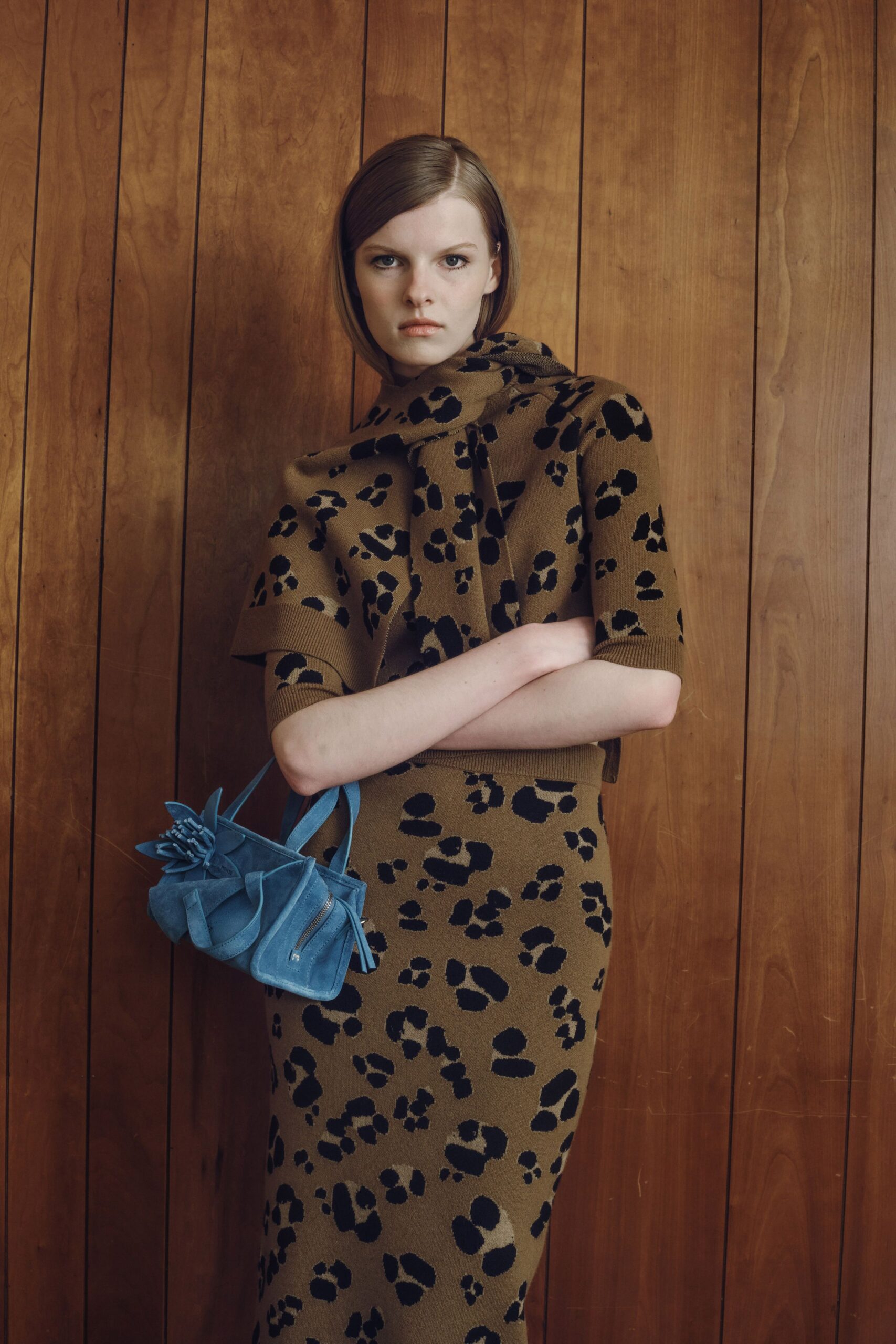 brown cotton short-sleeve high-neck fitted animal-print midi dress