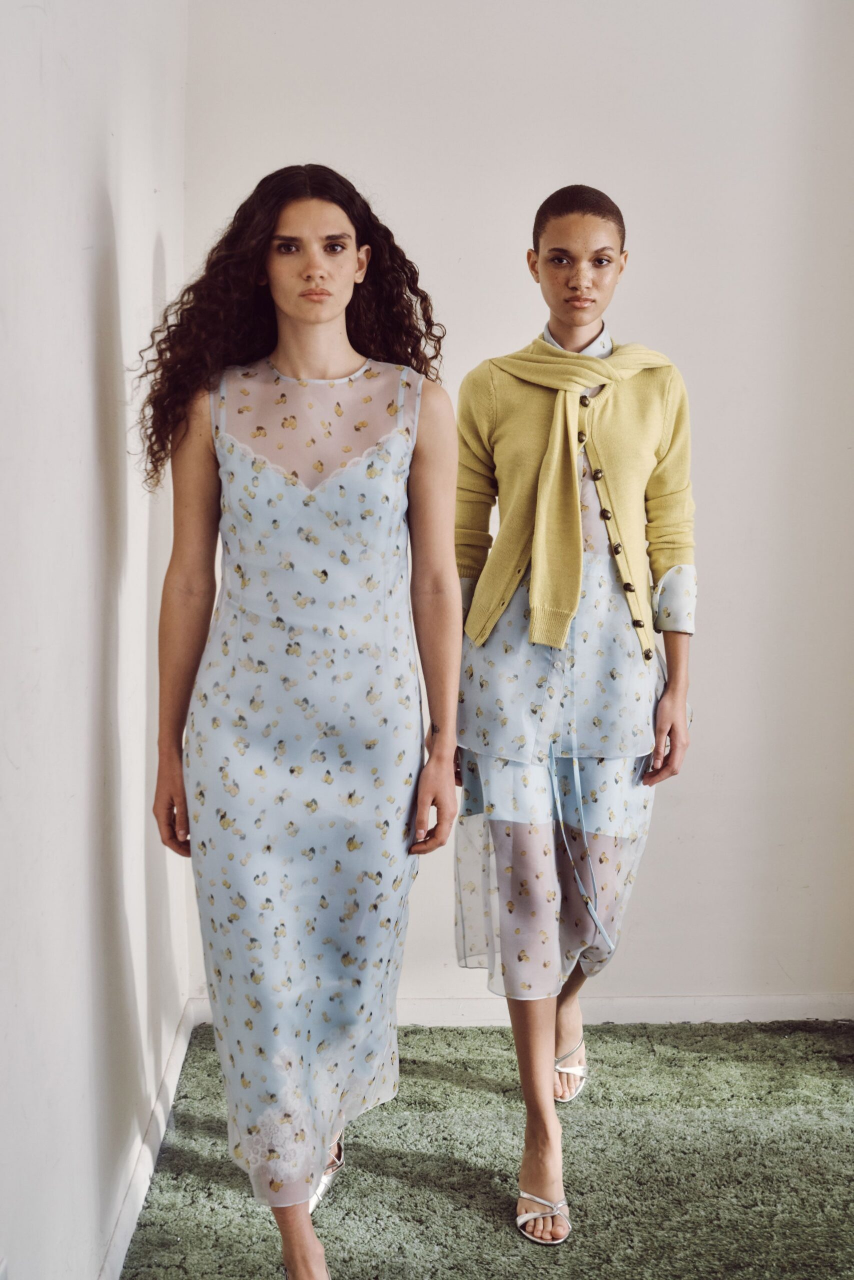 clear chiffon long-sleeve collared fitted floral sheer dress