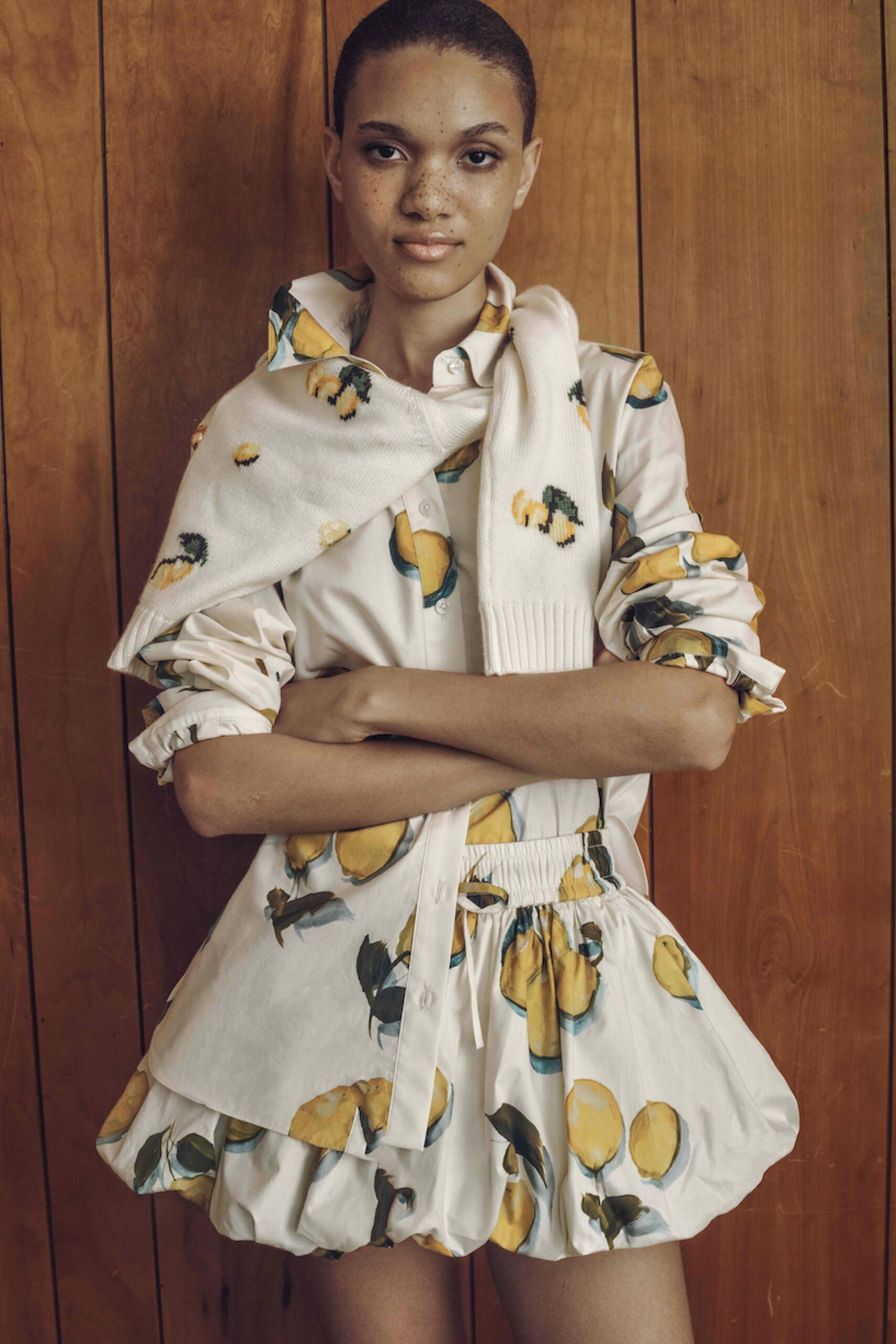 white floral shirt-dress with sweater