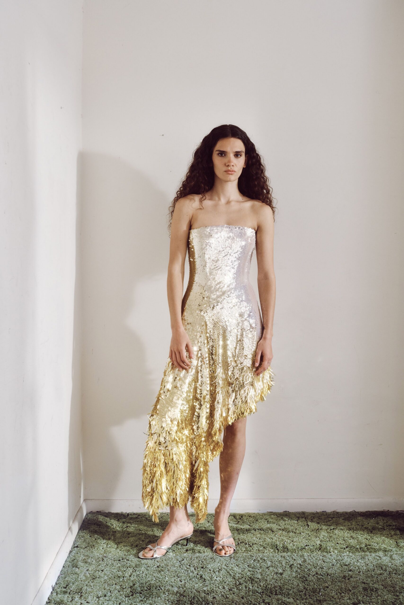 gold sequin strapless fitted fringed shiny midi dress