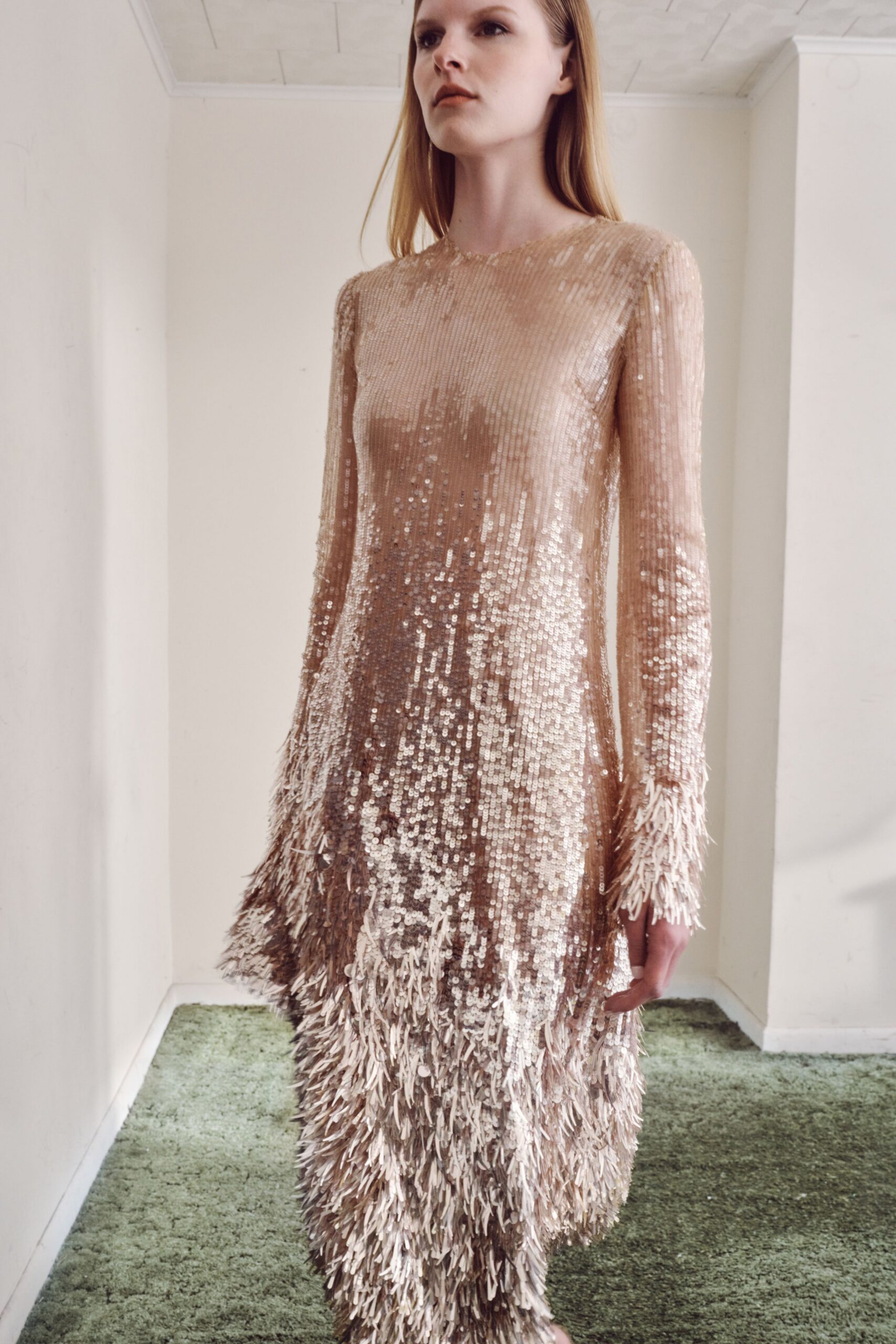 beige fringed sequin midi dress