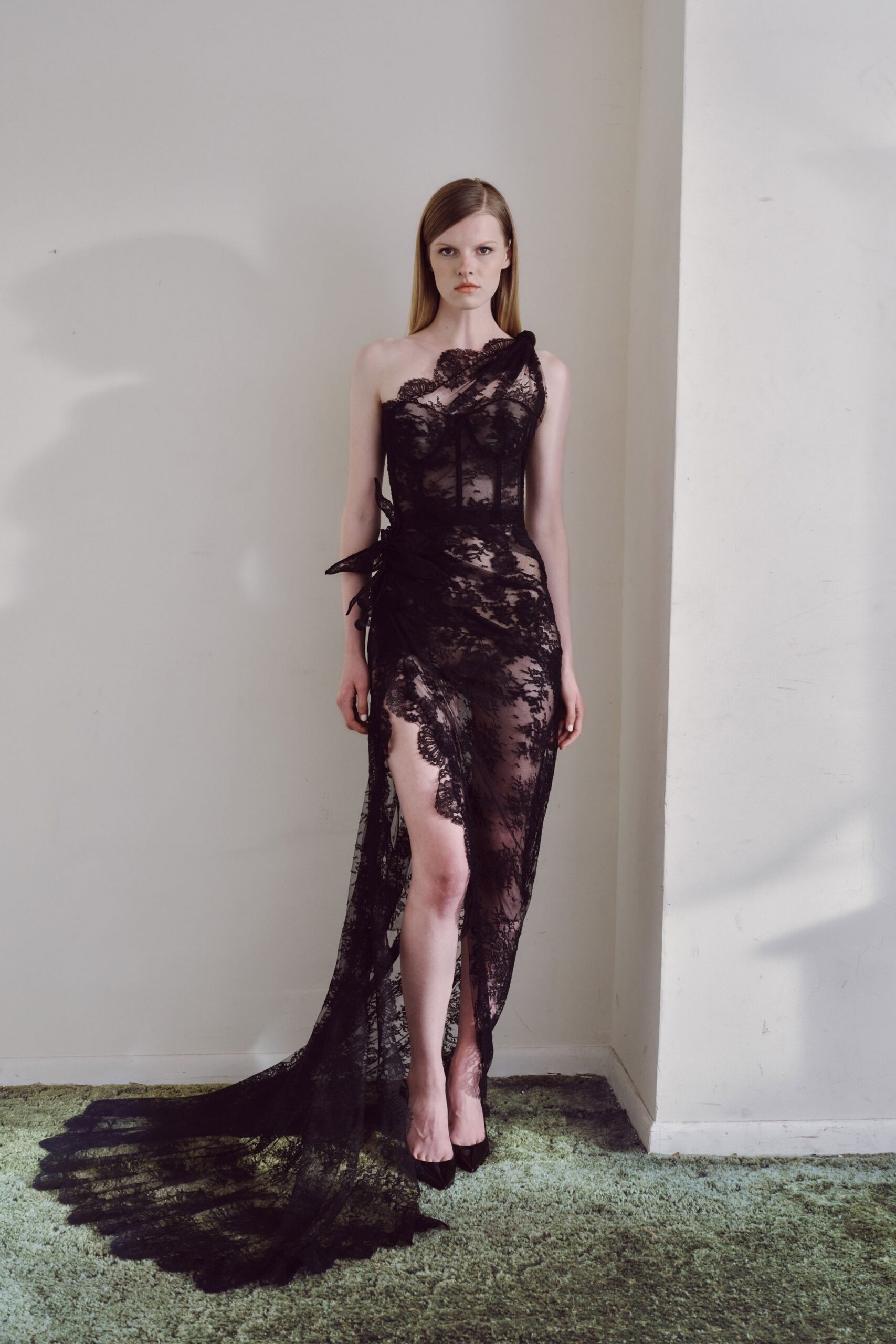 black lace sleeveless v-neck fitted draped sheer gown