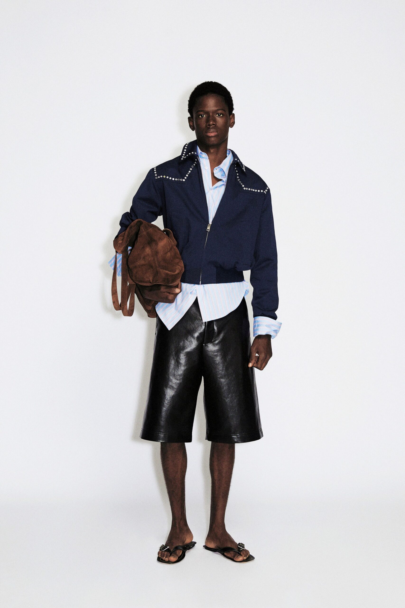 blue cotton long-sleeve collared fitted buttoned jacket