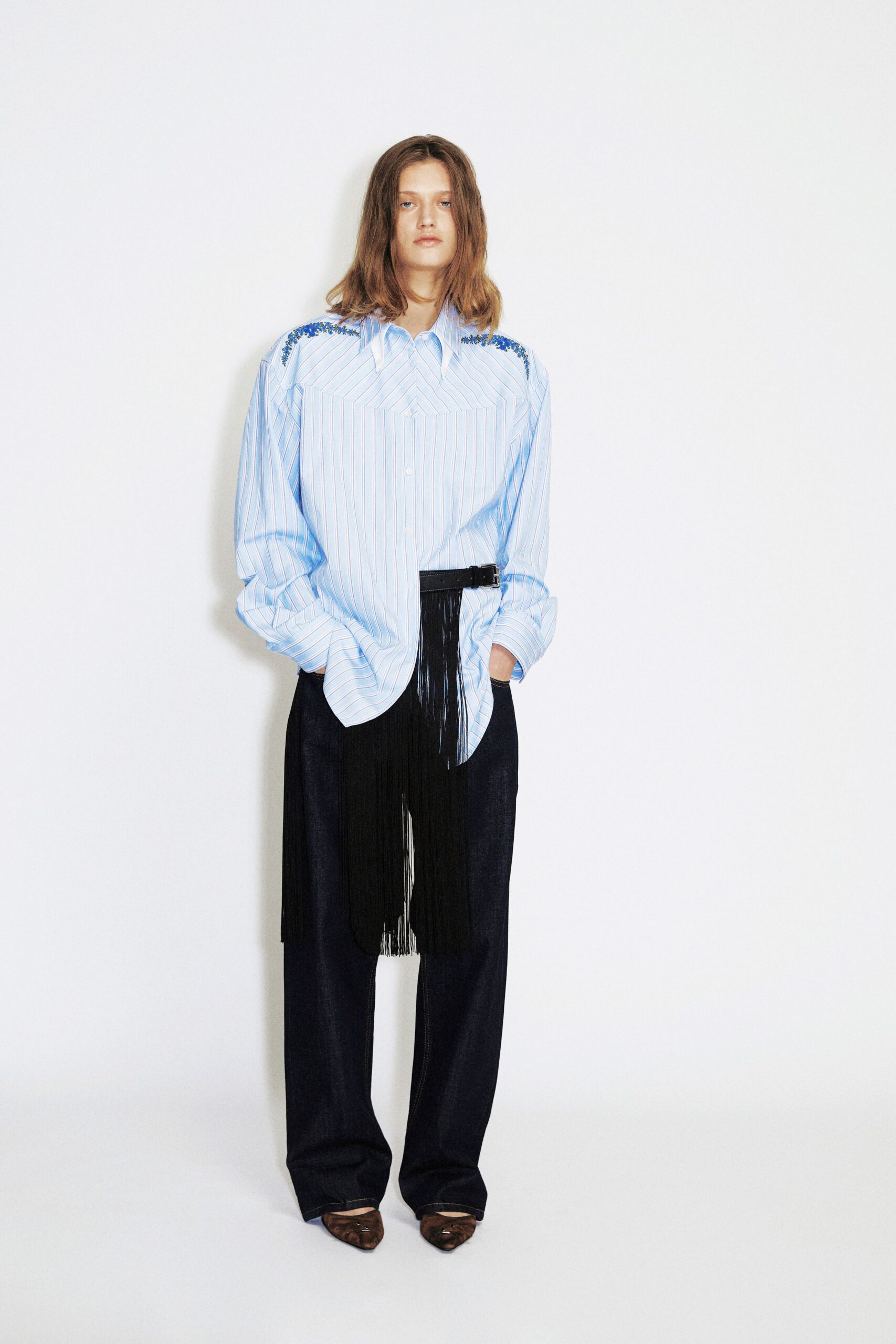 blue striped shirt black pants
