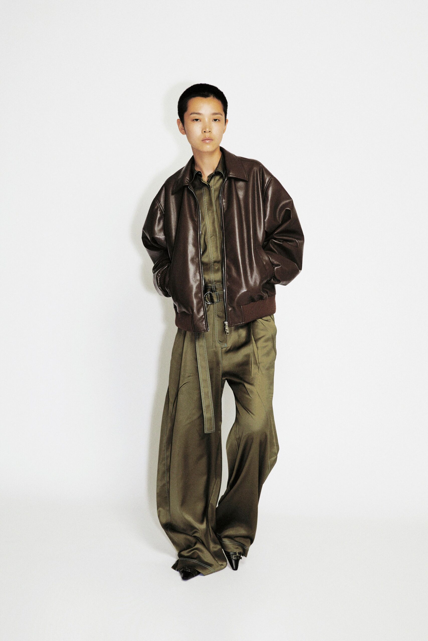 green silk long-sleeve collared fitted shirt