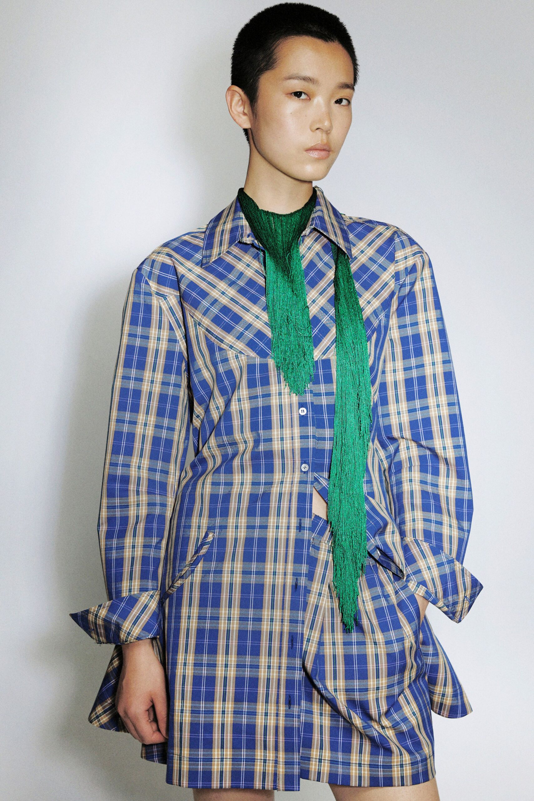 blue cotton long-sleeve collared relaxed checked mini shirt-dress