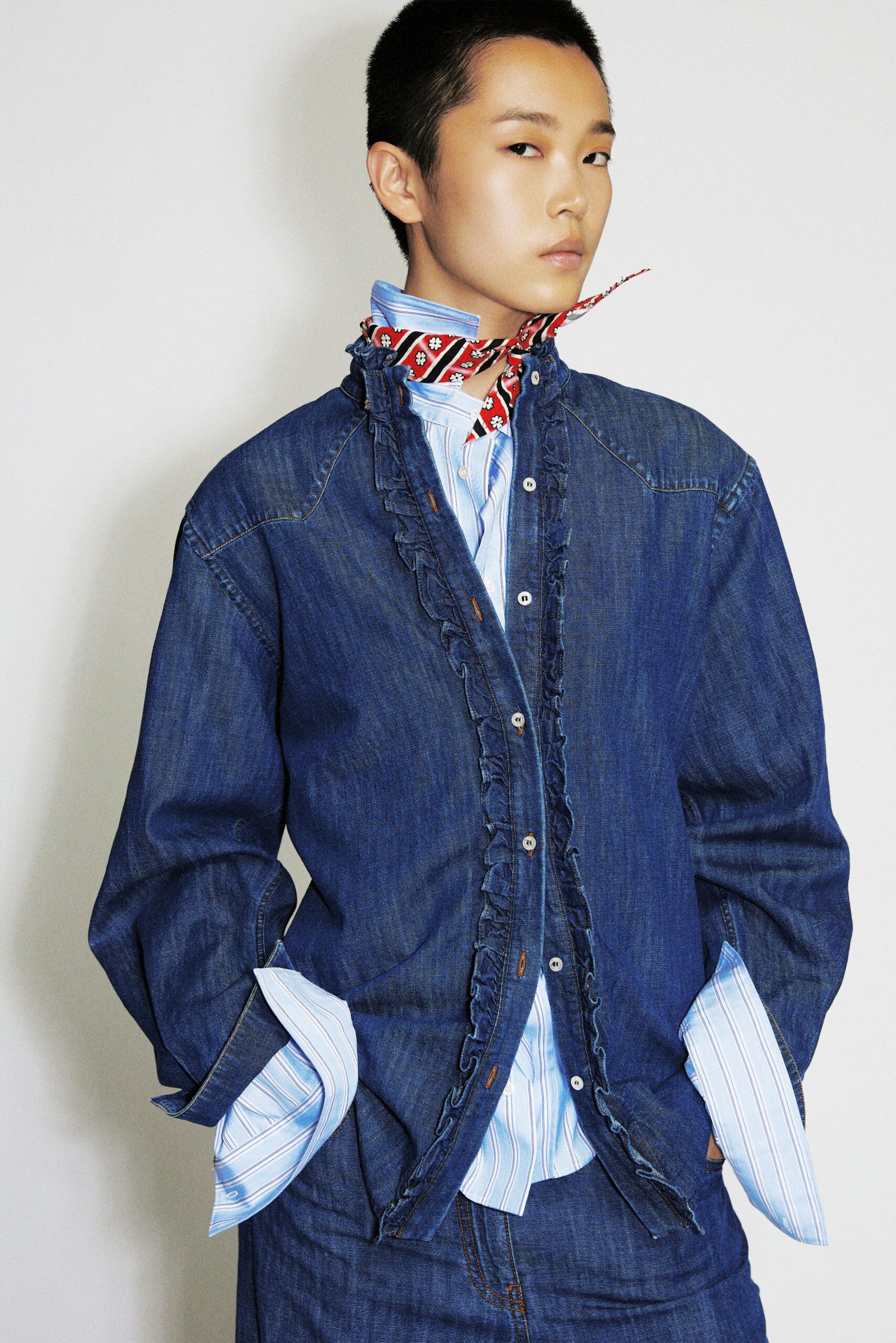 blue denim long-sleeve collared relaxed ruffled jacket