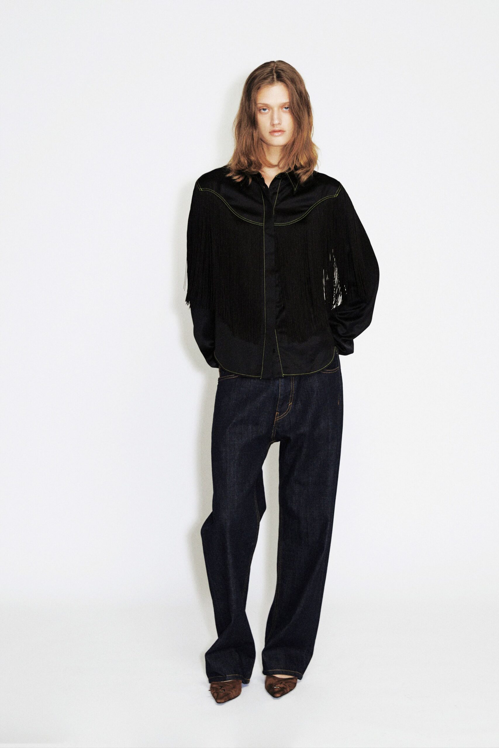 black silk long-sleeve collared relaxed fringed shirt