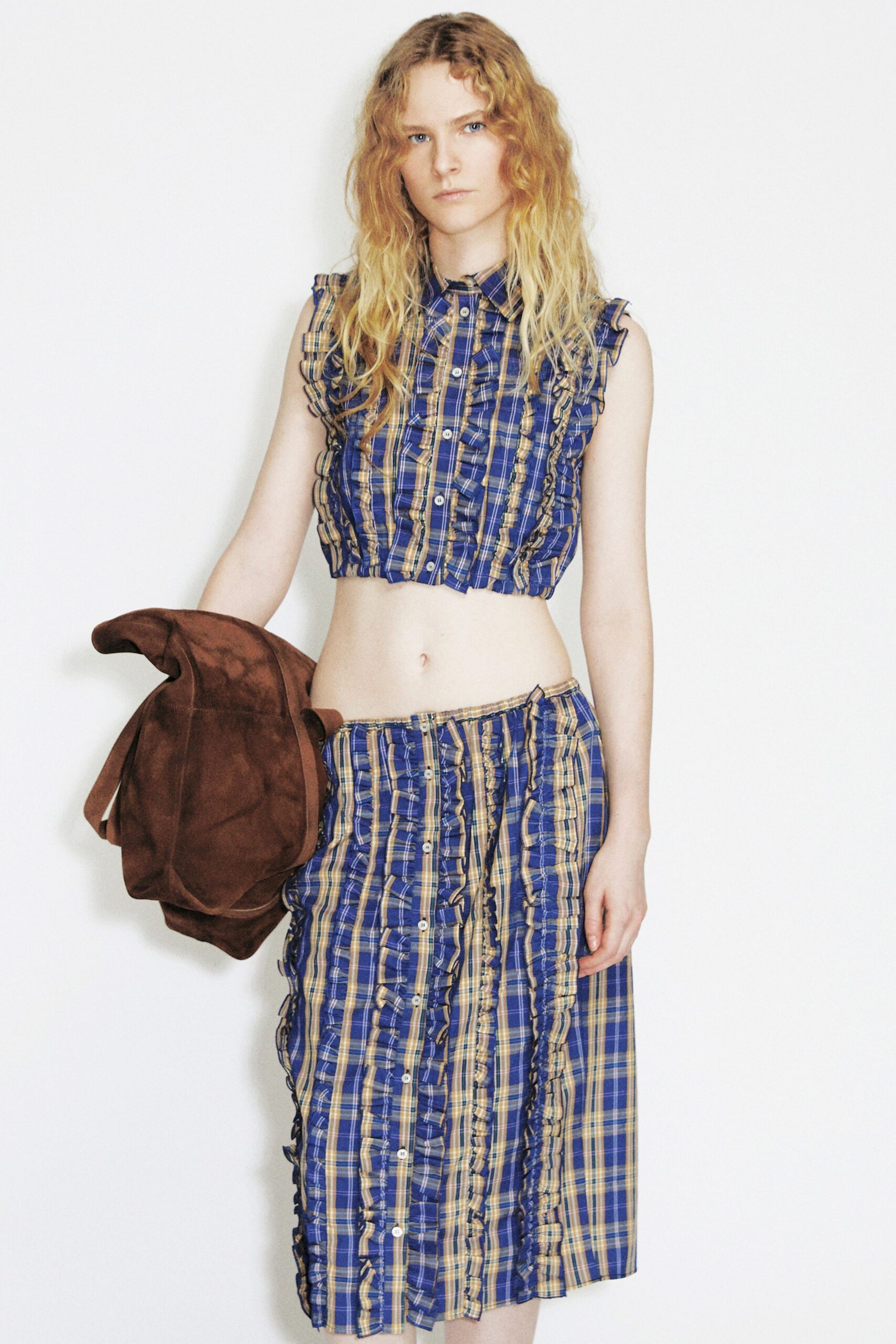 blue cotton sleeveless collared fitted checked ruffled top