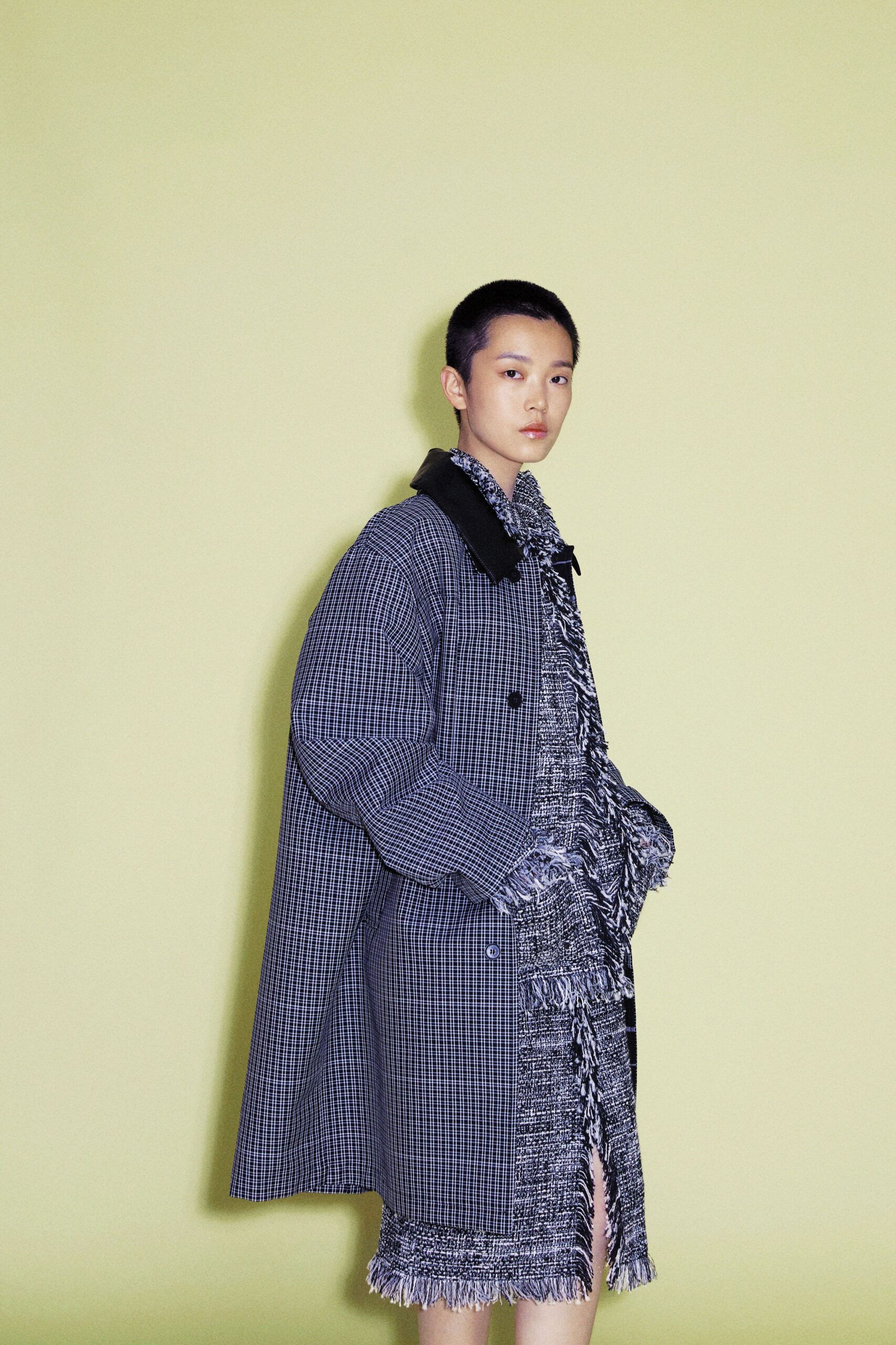 black cotton long-sleeve collared oversized checked fringed coat