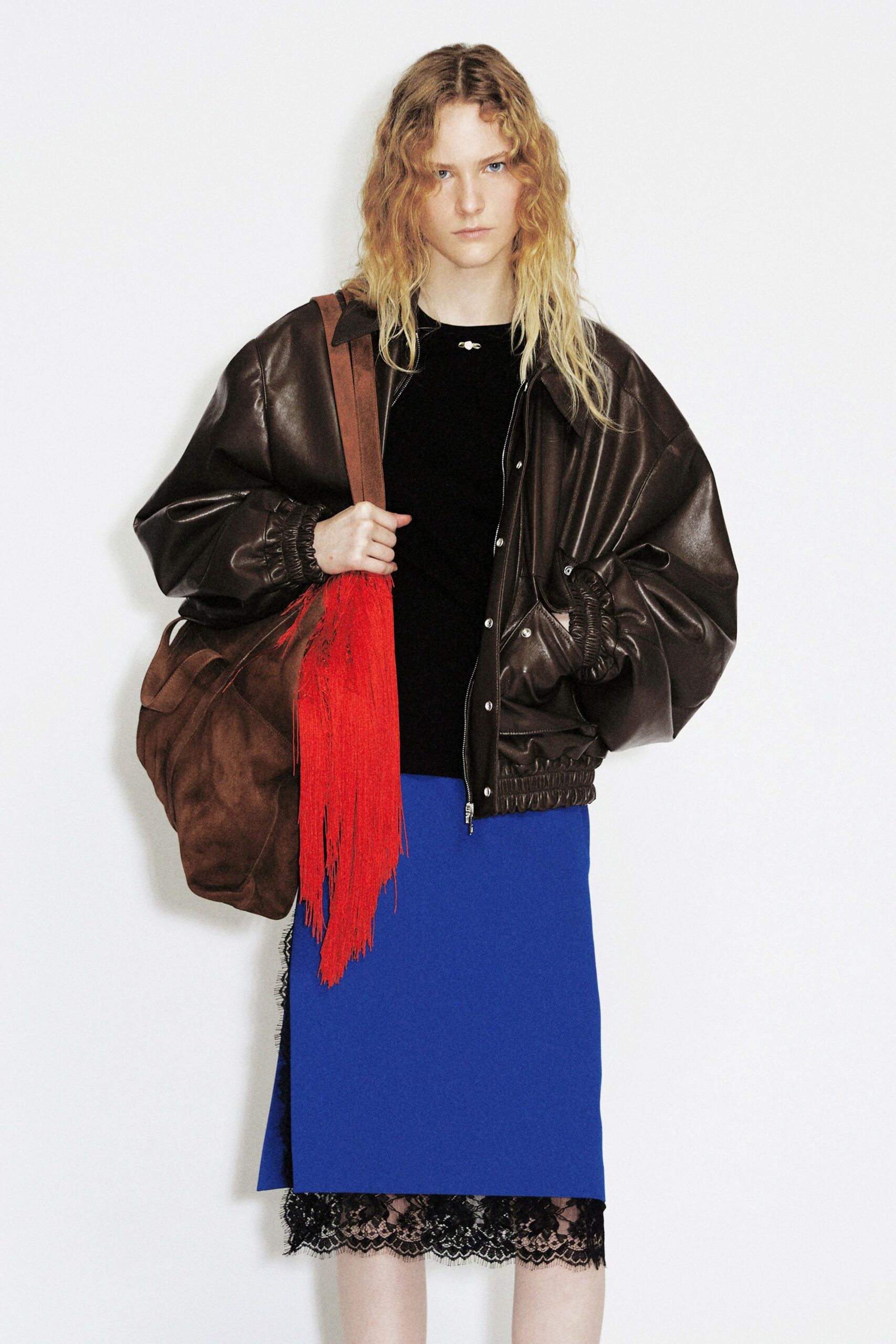 brown leather long-sleeve collared oversized zippered jacket
