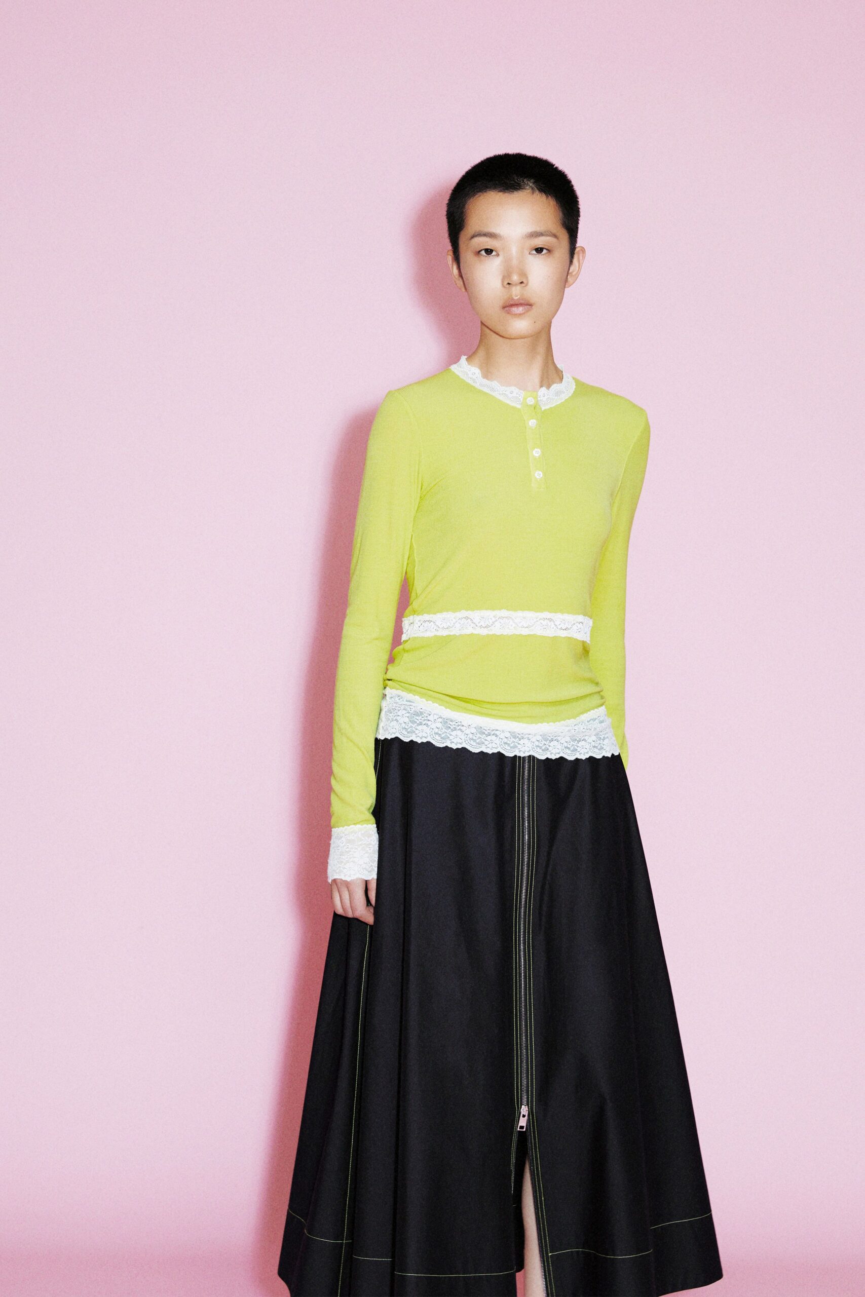 yellow cotton long-sleeve collared fitted layered top