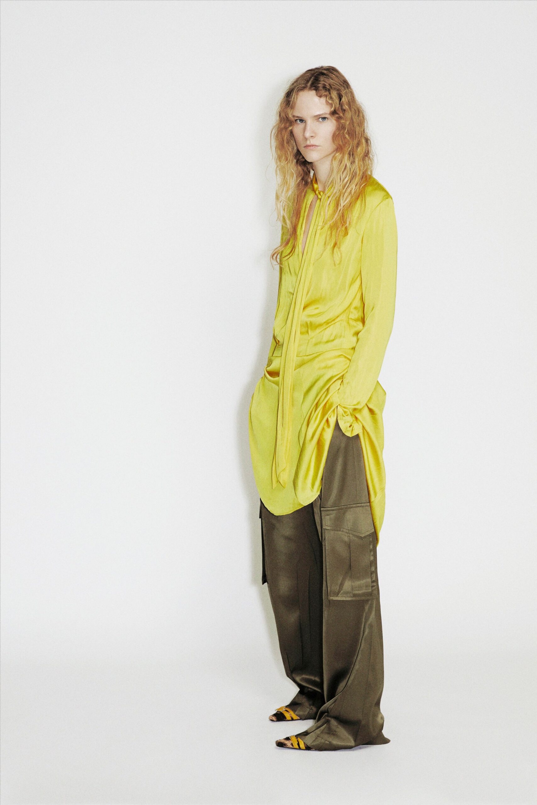 yellow silk long-sleeve collared relaxed draped midi shirt-dress