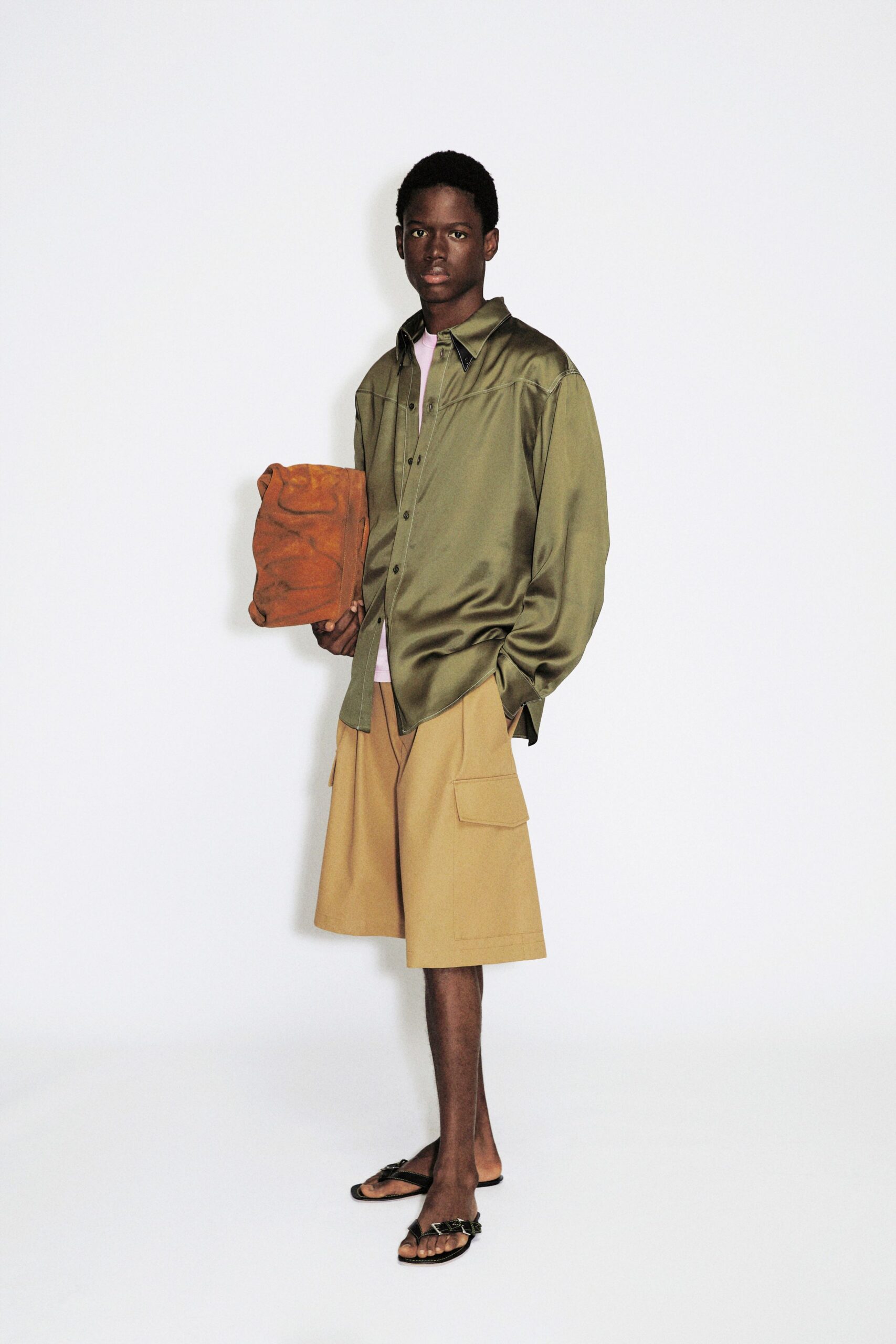 green silk long-sleeve collared relaxed shirt
