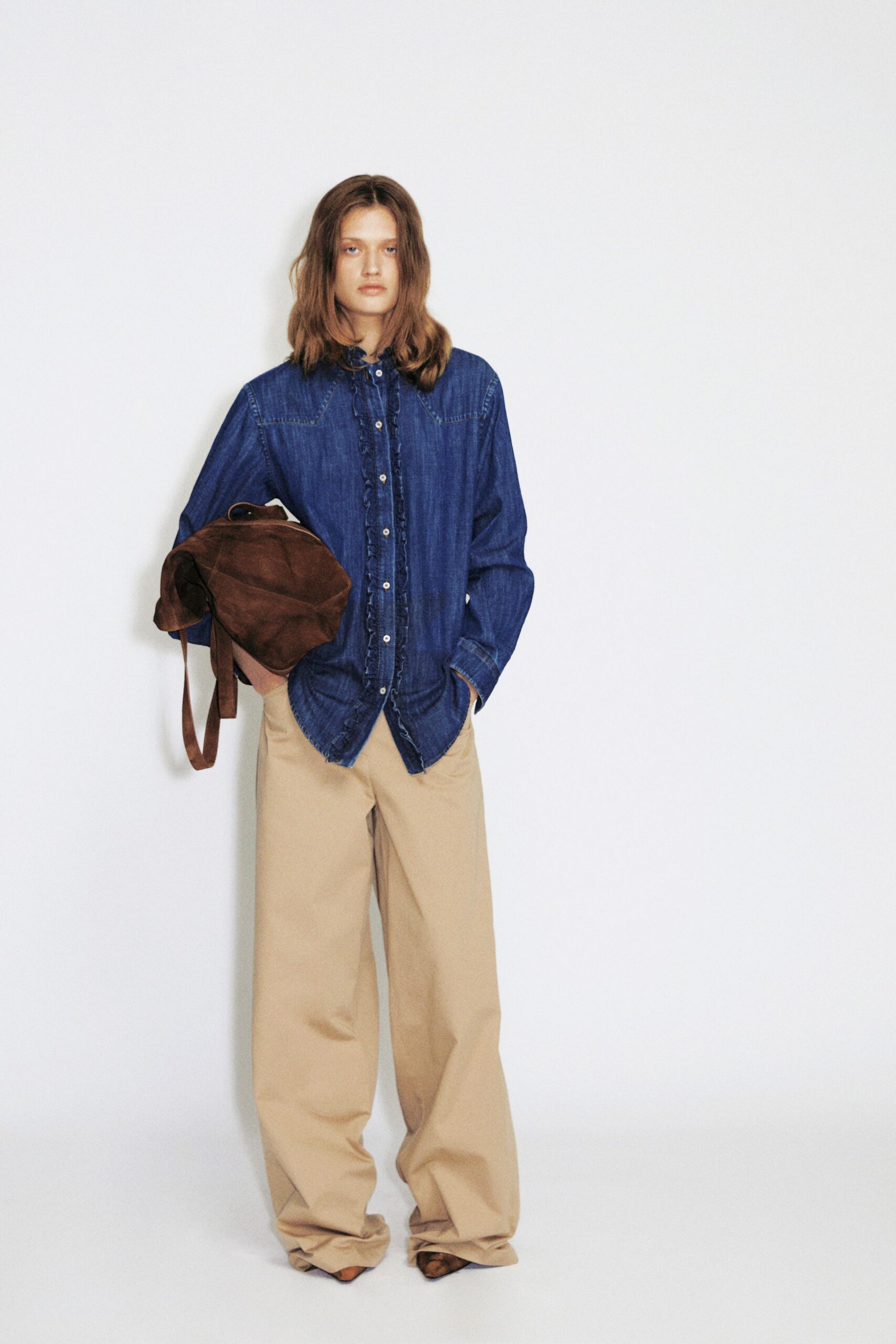 blue denim shirt beige wide-leg pants