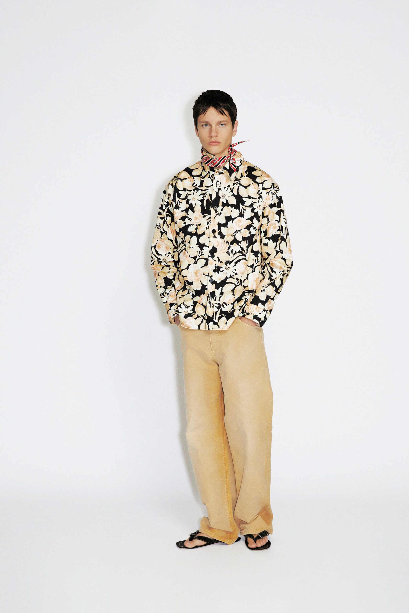 black cotton long-sleeve collared relaxed floral shirt