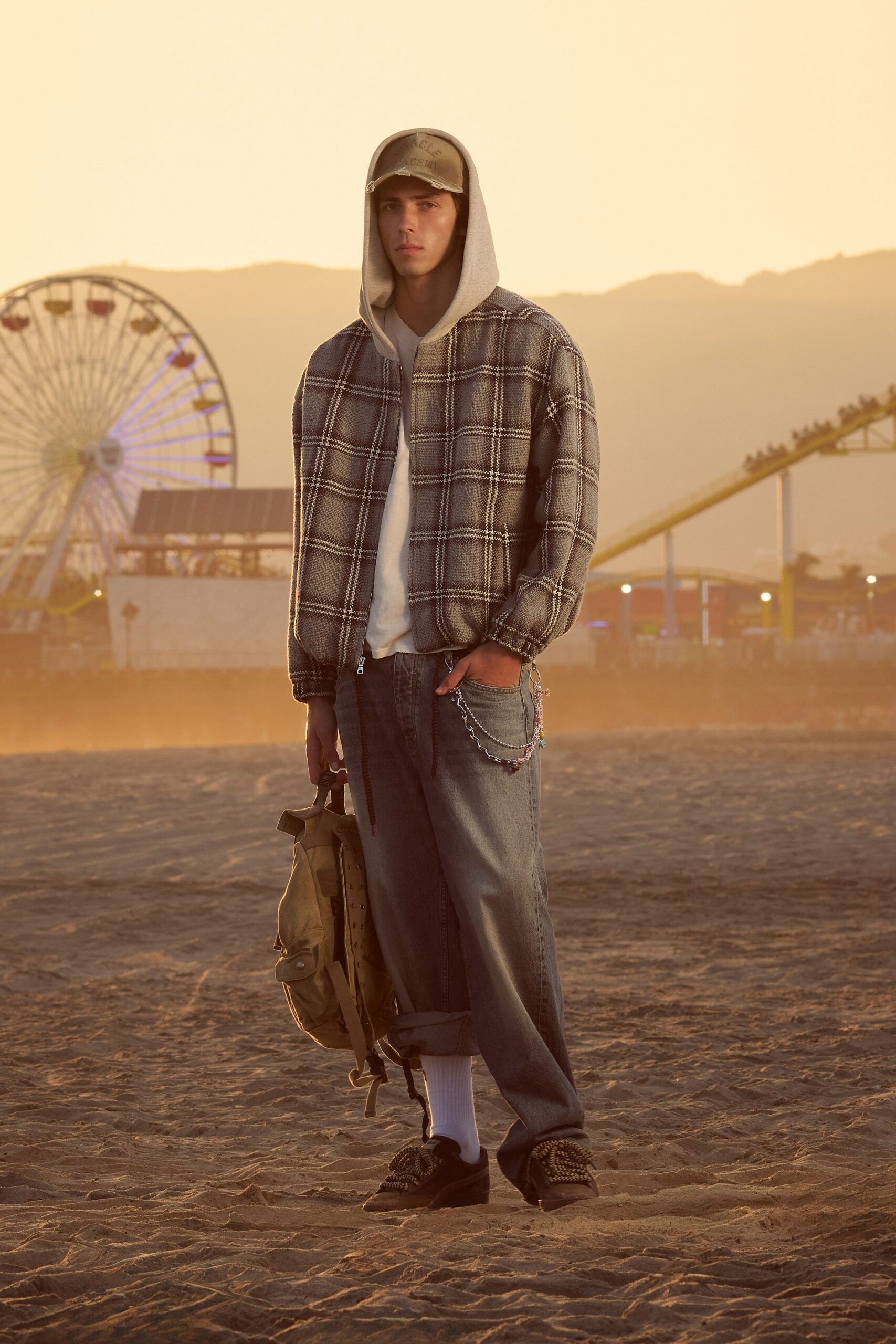 gray cotton long-sleeve collared relaxed checked jacket