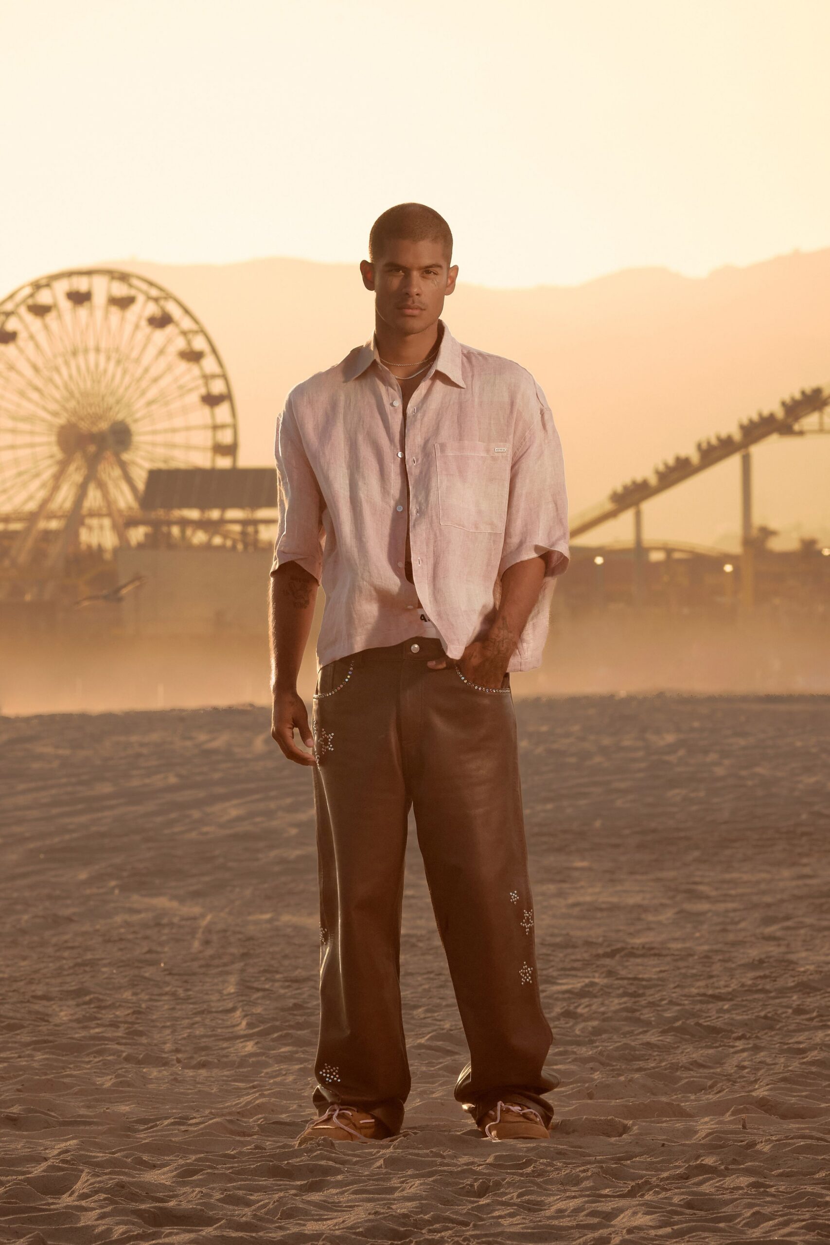 beige cotton shirt brown leather pants